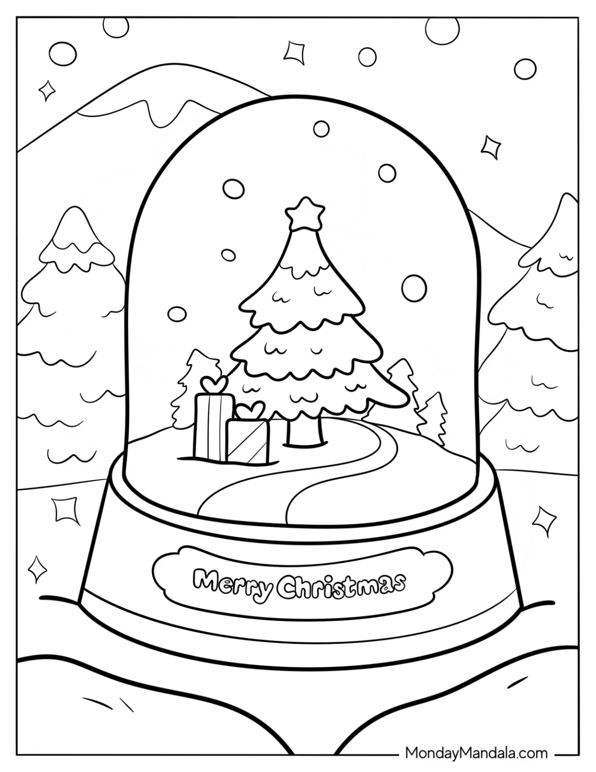Christmas Tree With Presents Snow Globe Coloring Page coloring page
