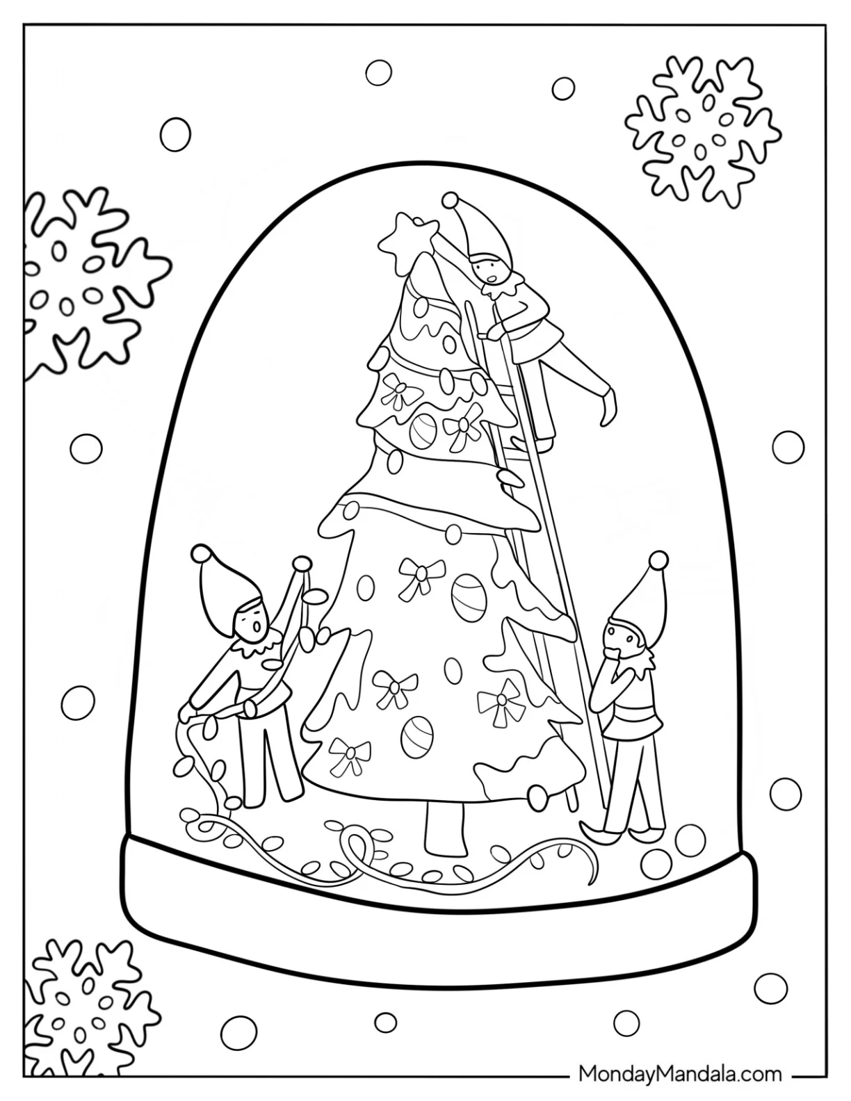 Cute Elves Decorating A Christmas Tree Snow Globe Coloring Page coloring page