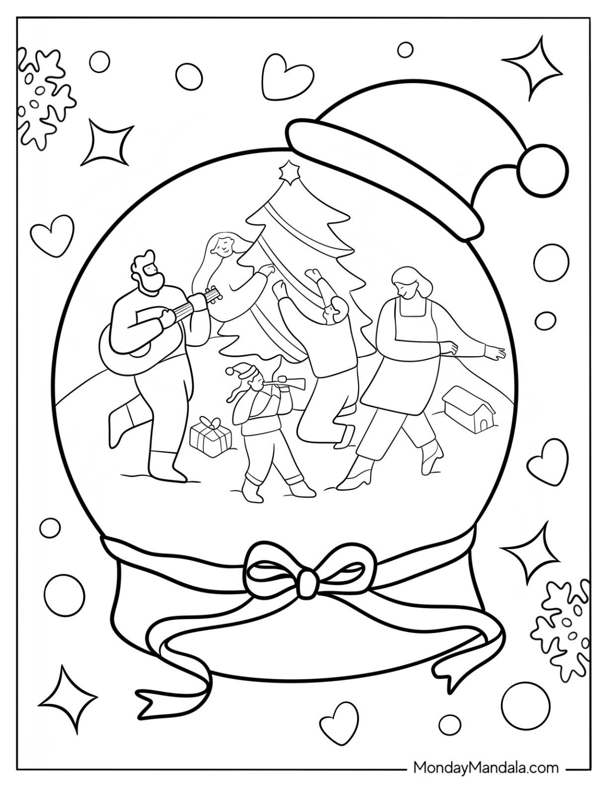 Family Celebrating Christmas Snow Globe Coloring Page coloring page