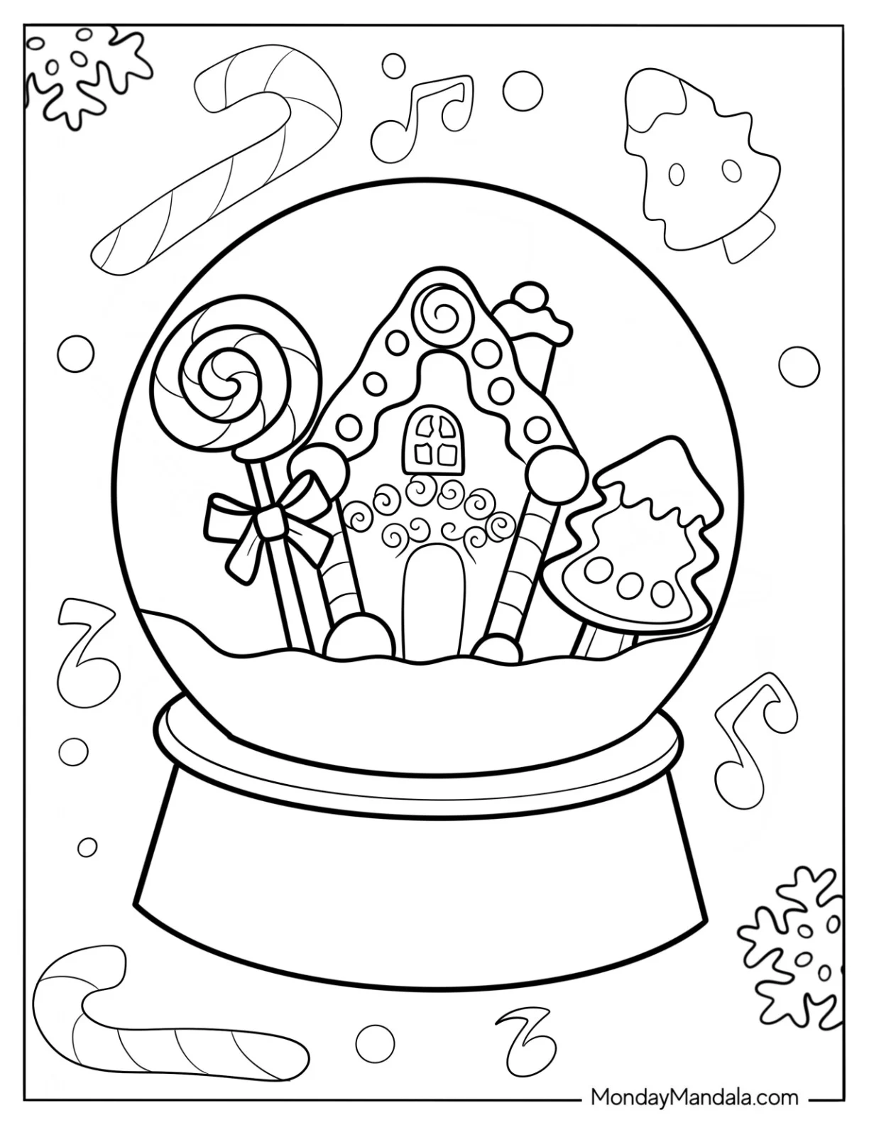 Fancy Gingerbread House With Candy Cane Snow Globe Coloring Page coloring page