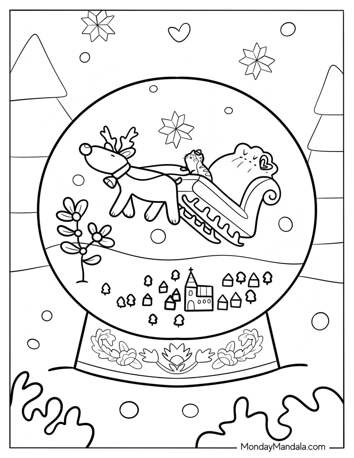 Santa Cat On A Sleigh Snow Globe Coloring Page coloring page