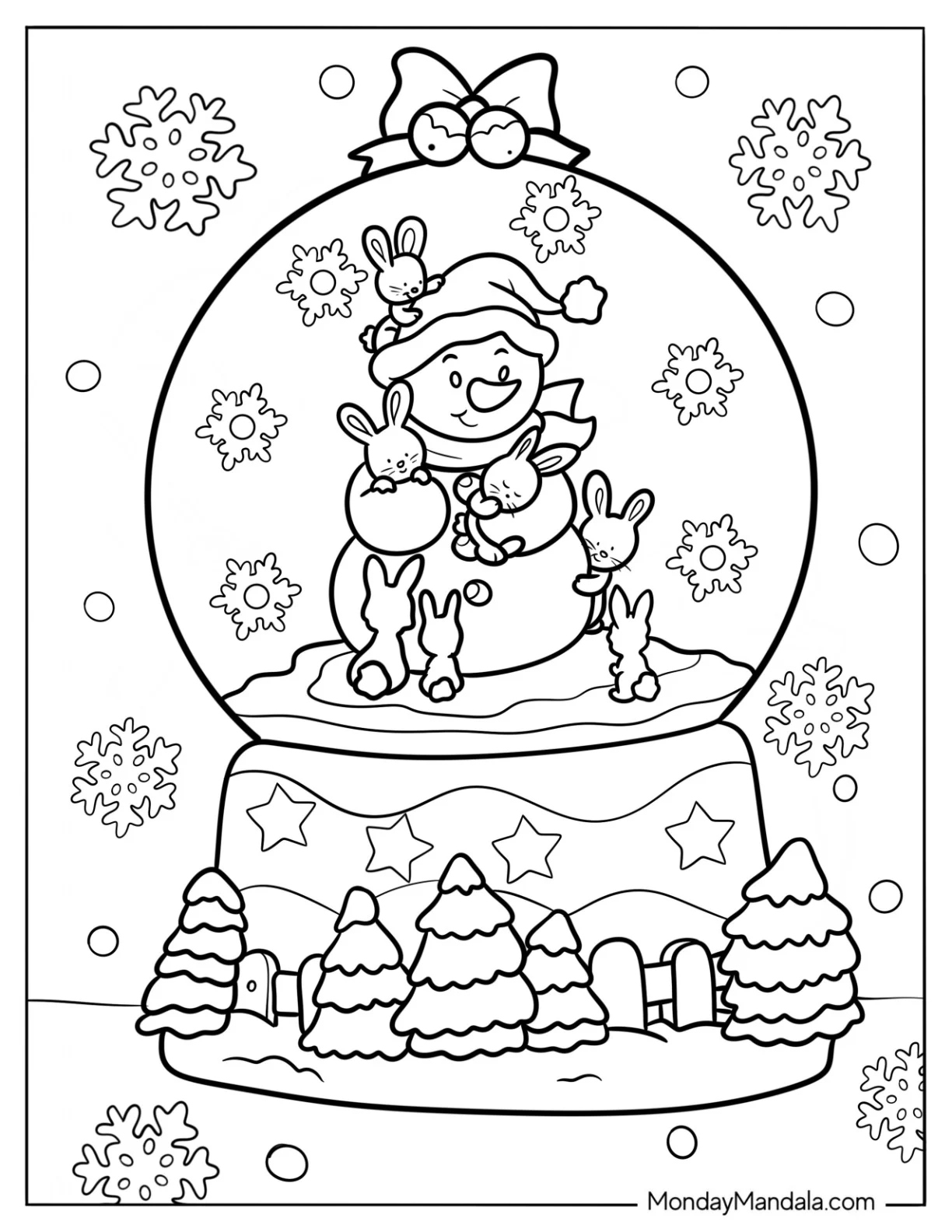 Snowman Hugging Rabbits Snow Globe Coloring Page coloring page