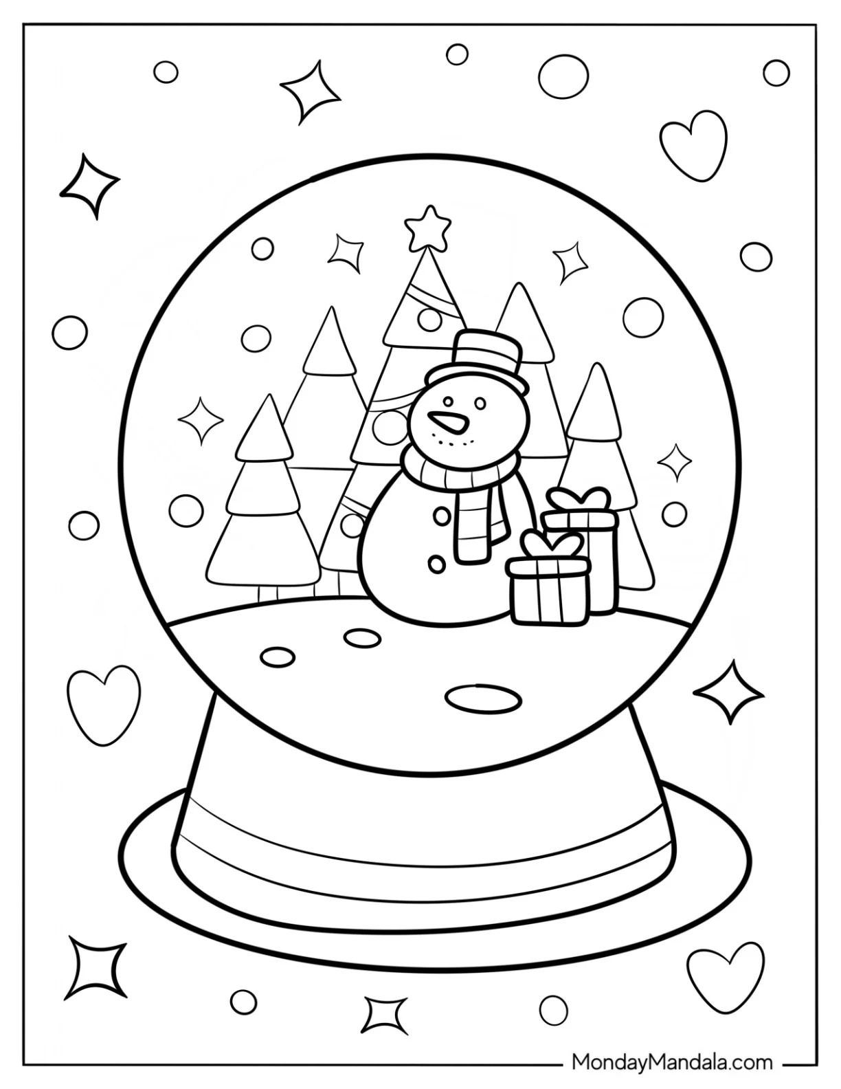 Snowman With Trees And Presents Snow Globe Coloring Page coloring page