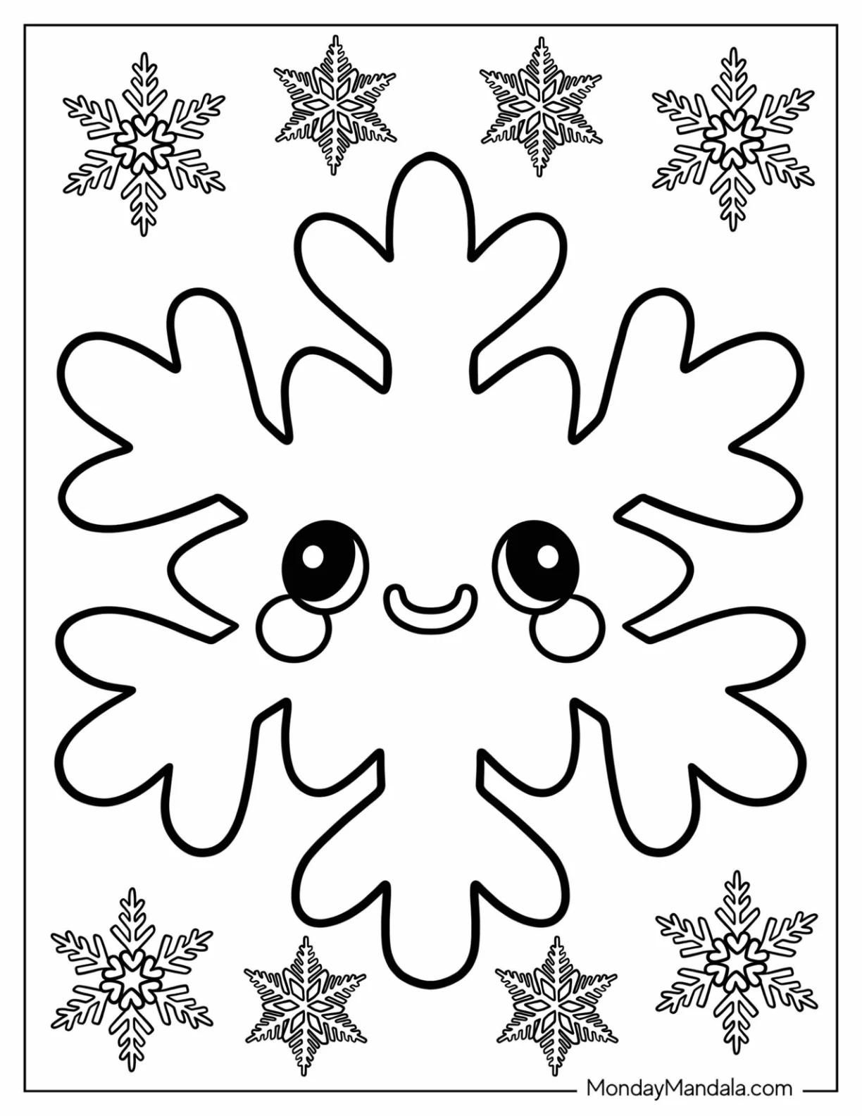 Chibi Snowflake Coloring Page with Big Eyes and Rosy Cheeks for Preschoolers coloring page