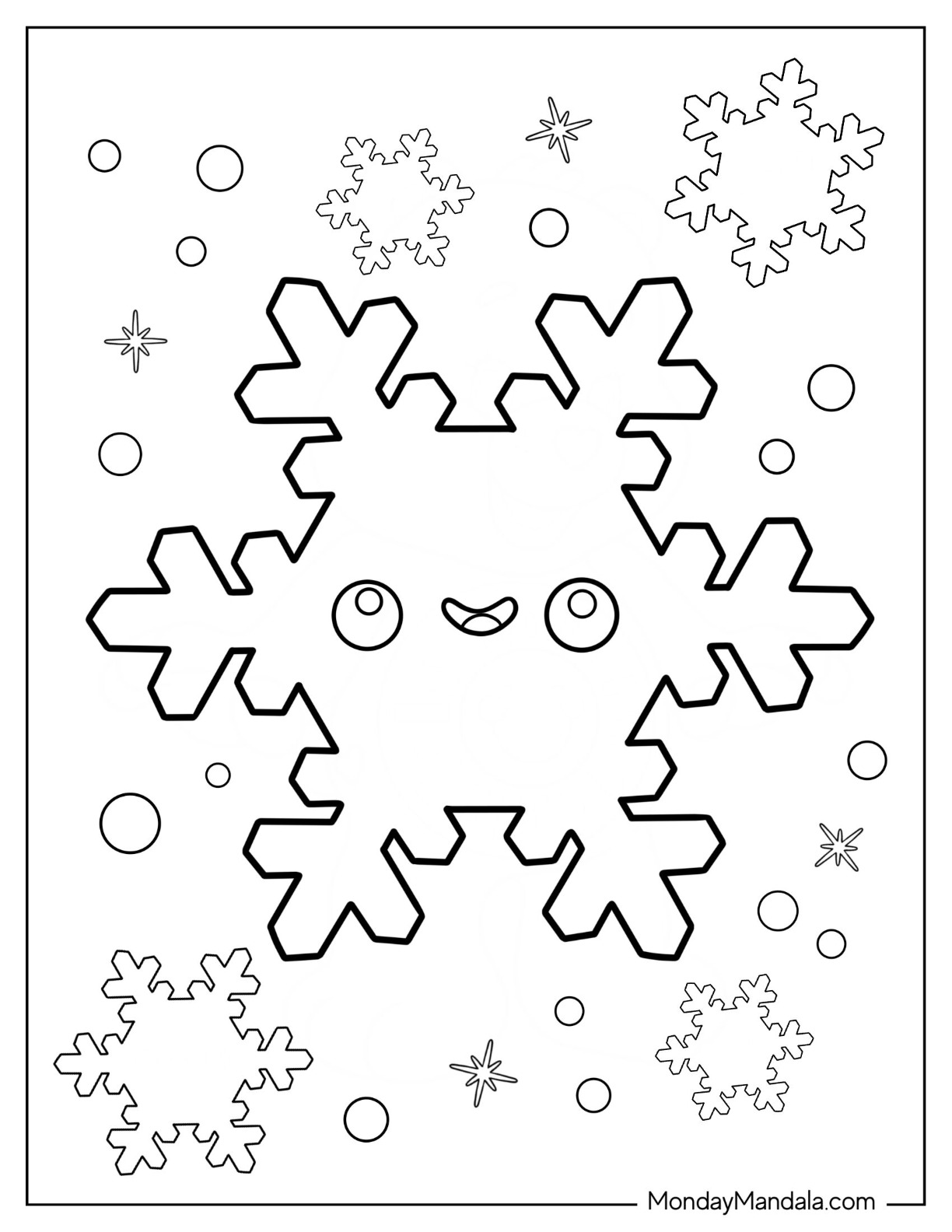 Cute Smiling Snowflake Coloring Page For Preschoolers coloring page — printable line art