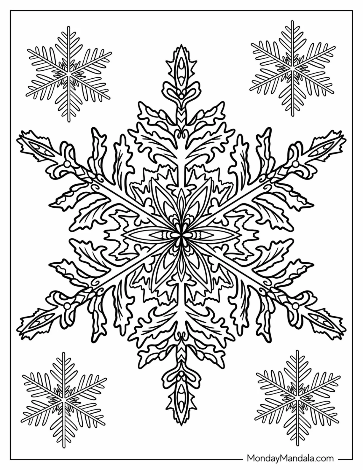 Elegant Dendrite Snowflake Coloring Page with Intricate Details coloring page