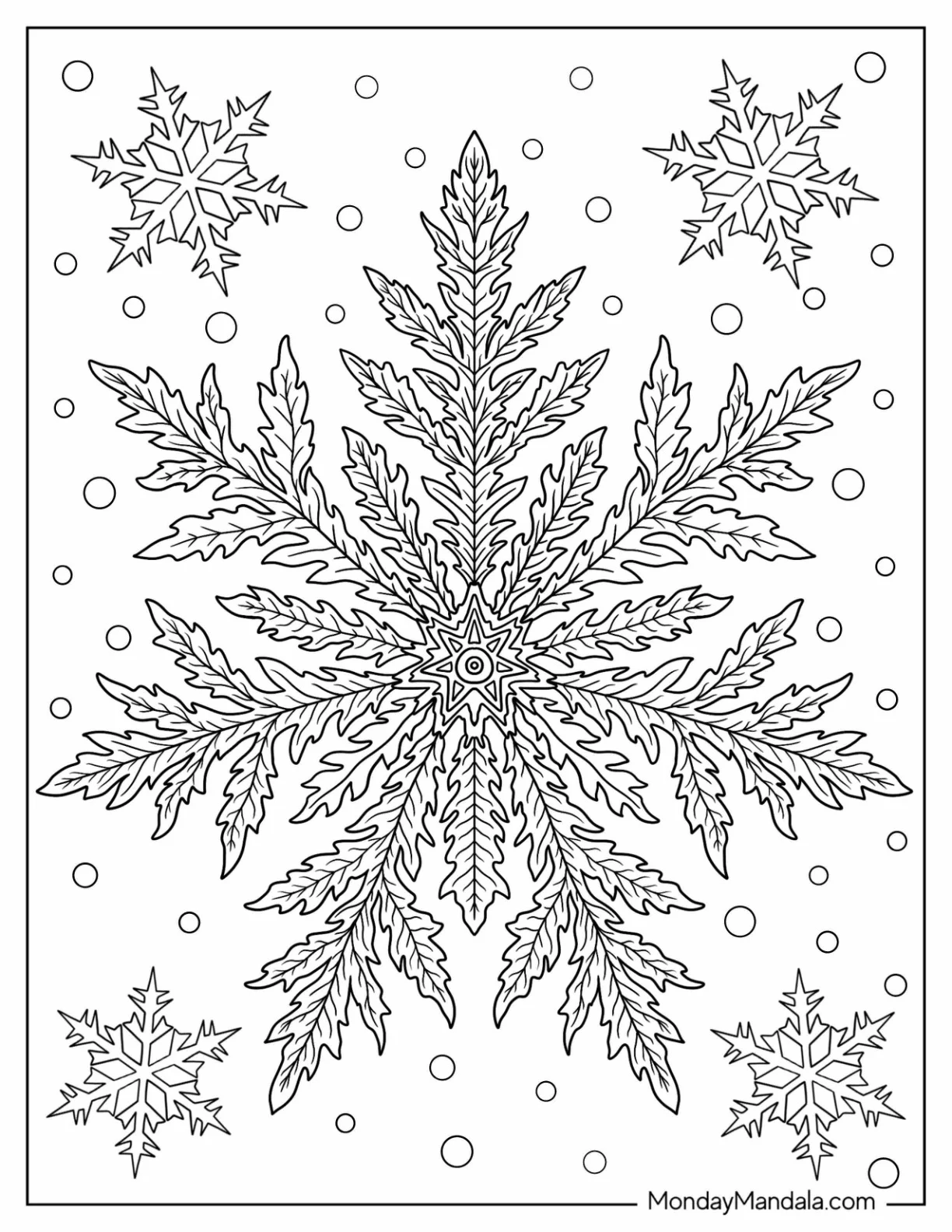 Fern Like Stellar Dendrite Snowflake Coloring Page with Radiating Arms coloring page