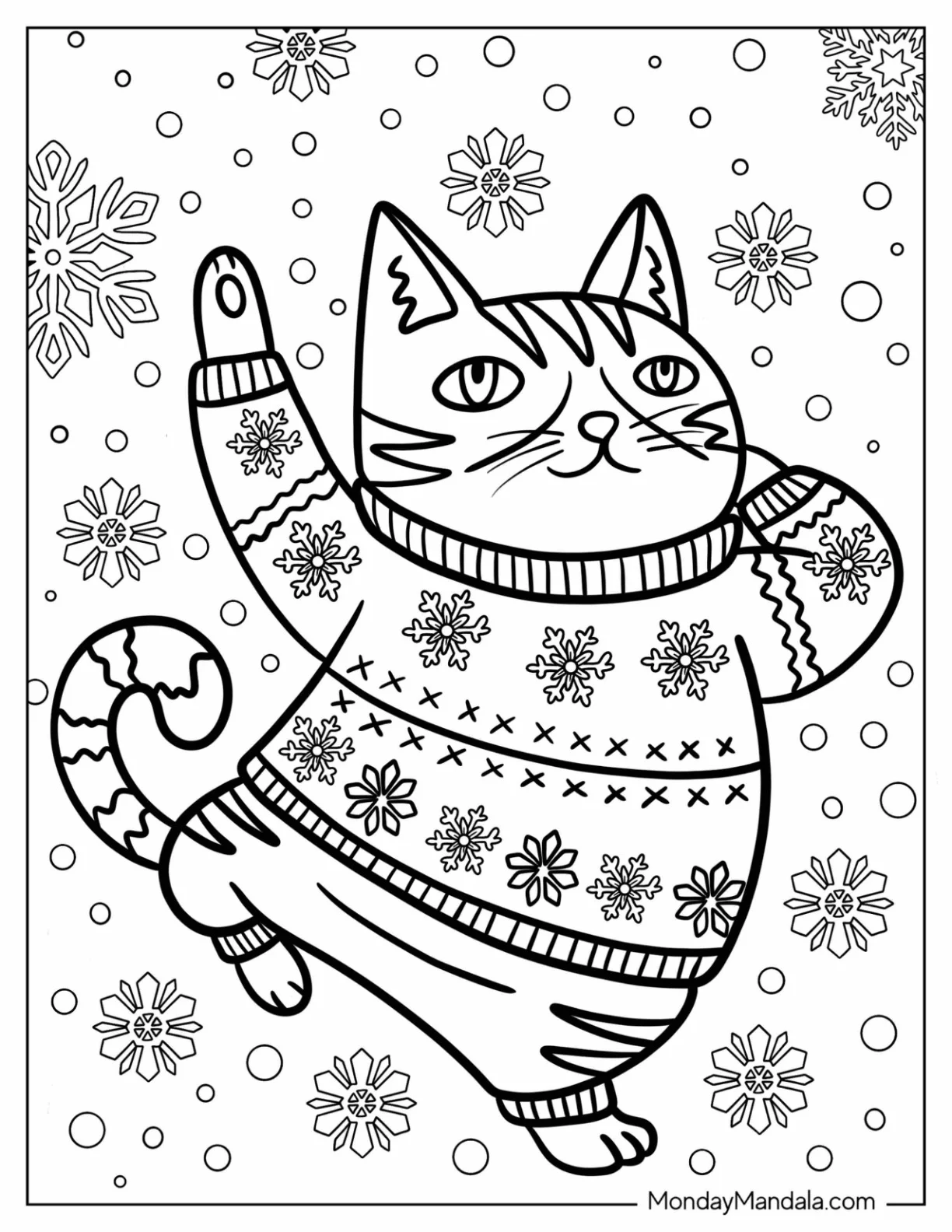 Funny Cat in Snowflake Coloring Page Sweater Dancing in the Snow for Kids coloring page