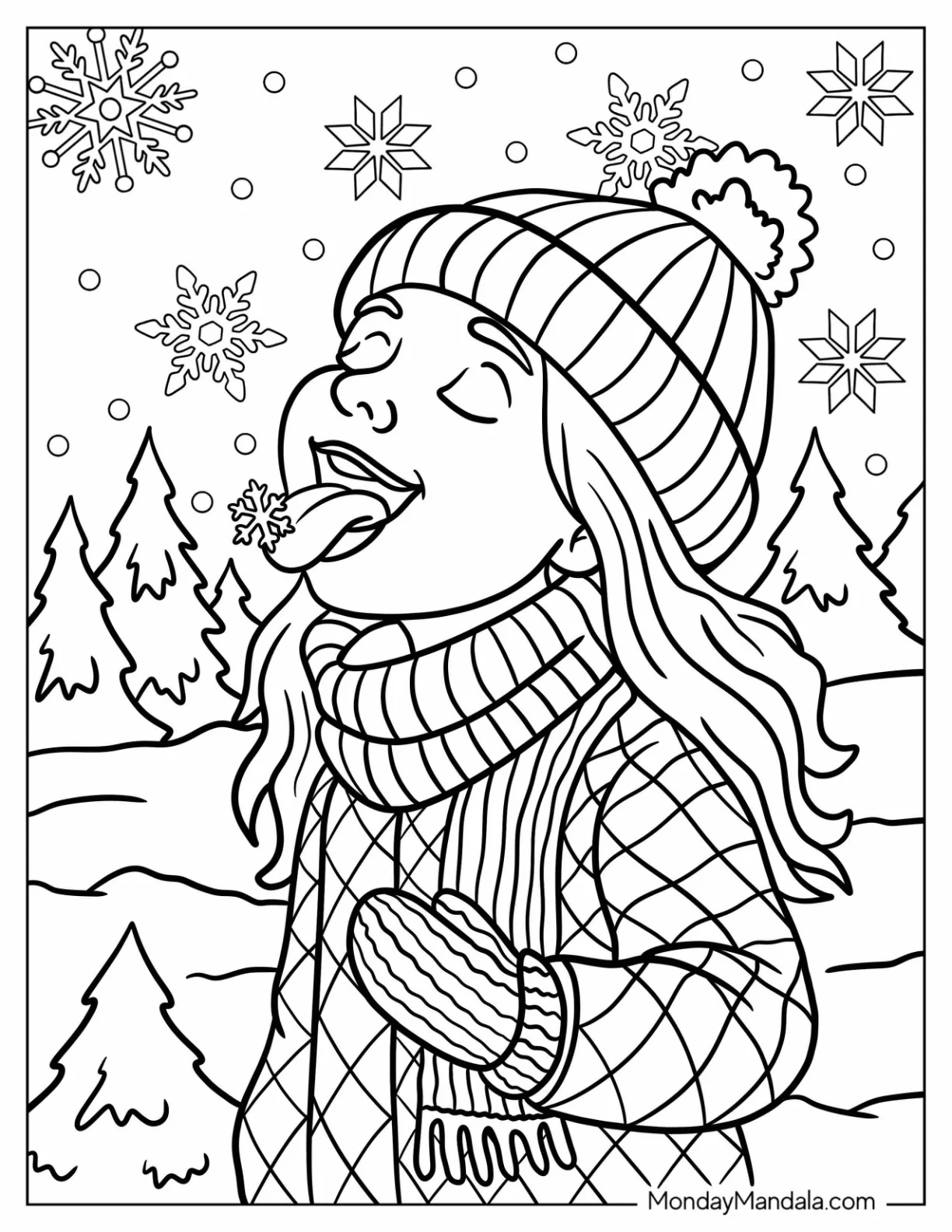 Girl Catching Snowflake Coloring Page on Her Tongue in a Winter Forest coloring page