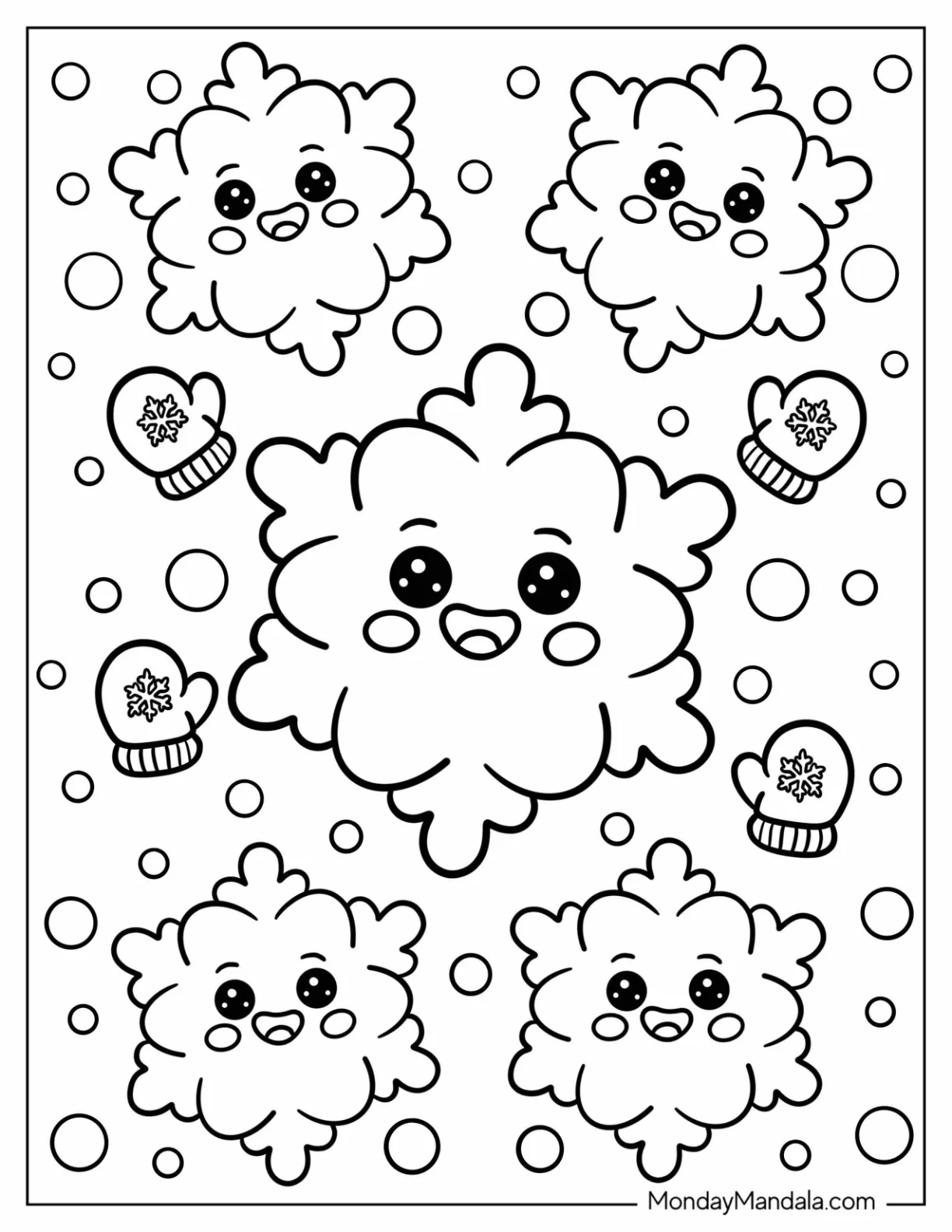 Kawaii Snowflake Coloring Page Characters and Polka Dots for Preschoolers coloring page