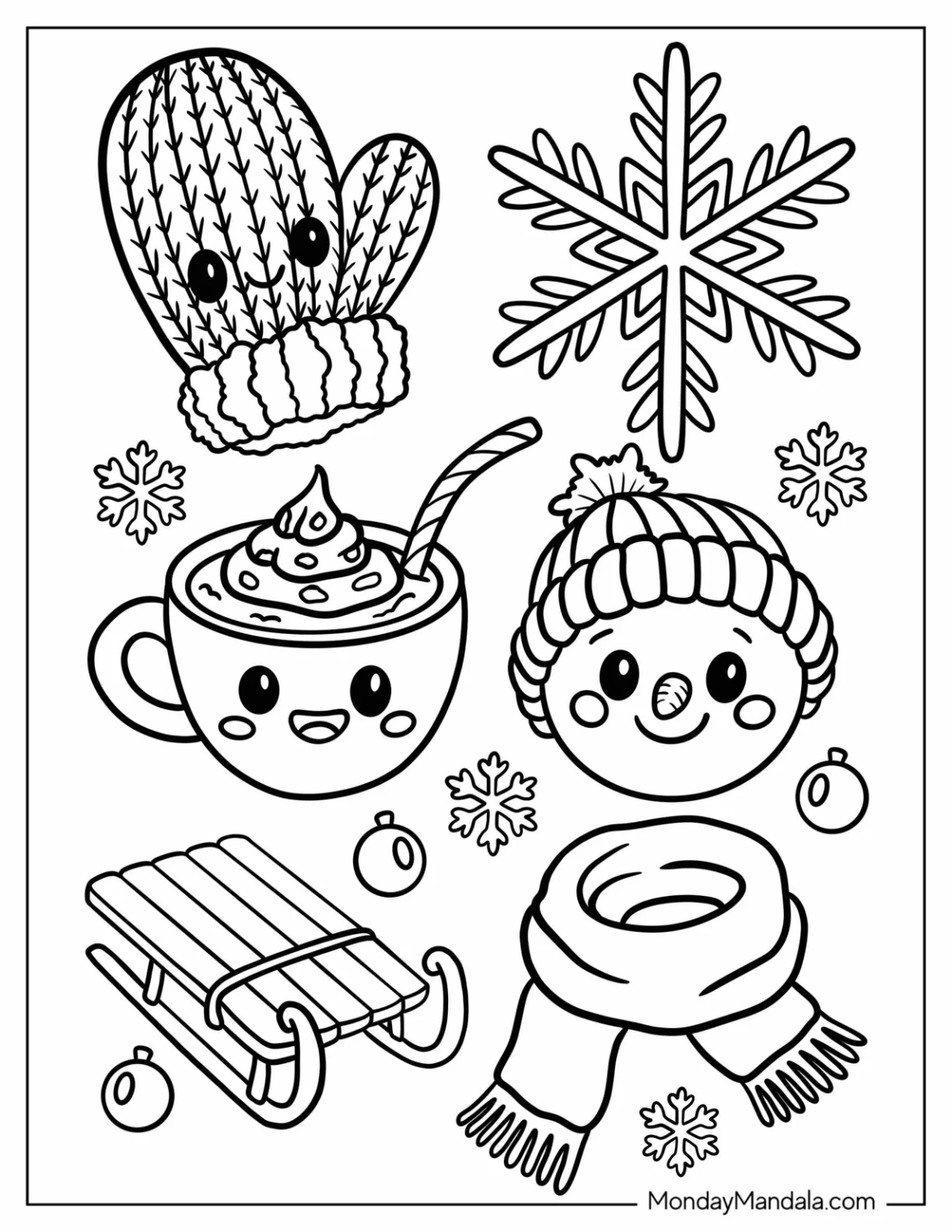 Kawaii Snowflake Coloring Page of Snowman, Sled, and Cozy Scarf Winter for Kids coloring page — printable line art