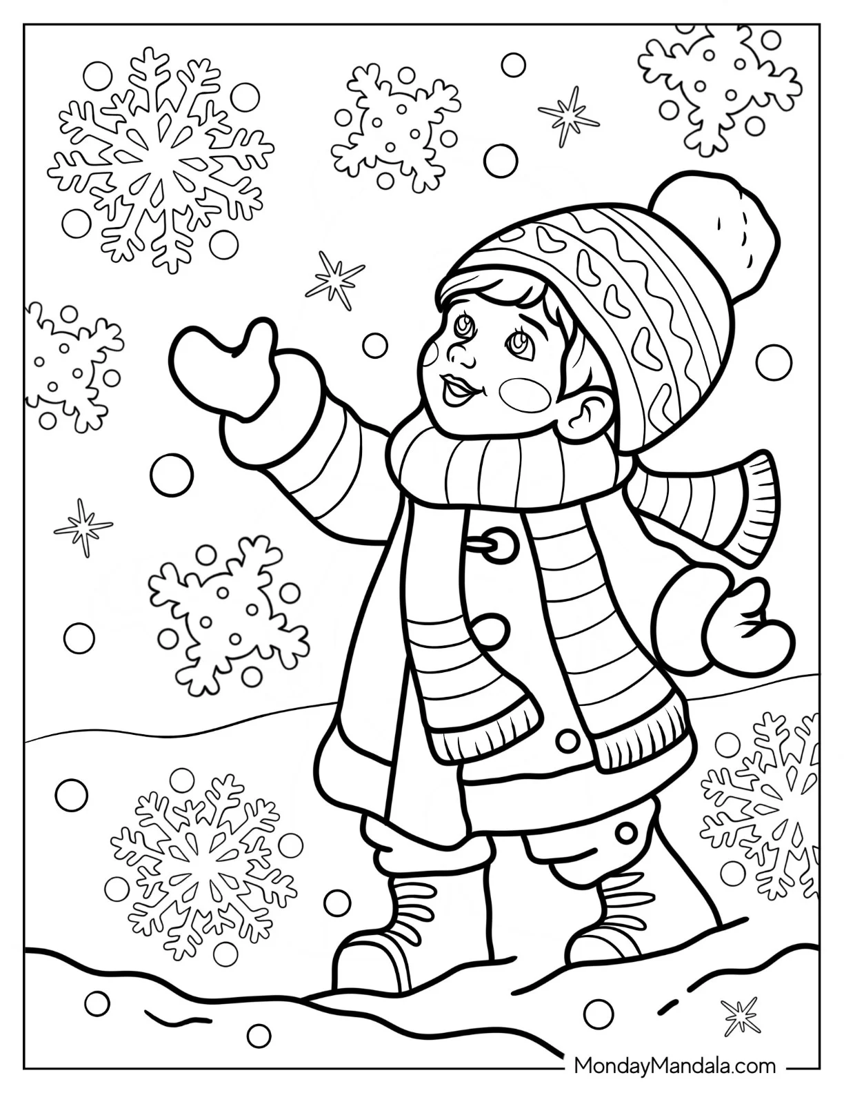 Little Girl Trying To Catch Snowflake Coloring Page coloring page — printable line art