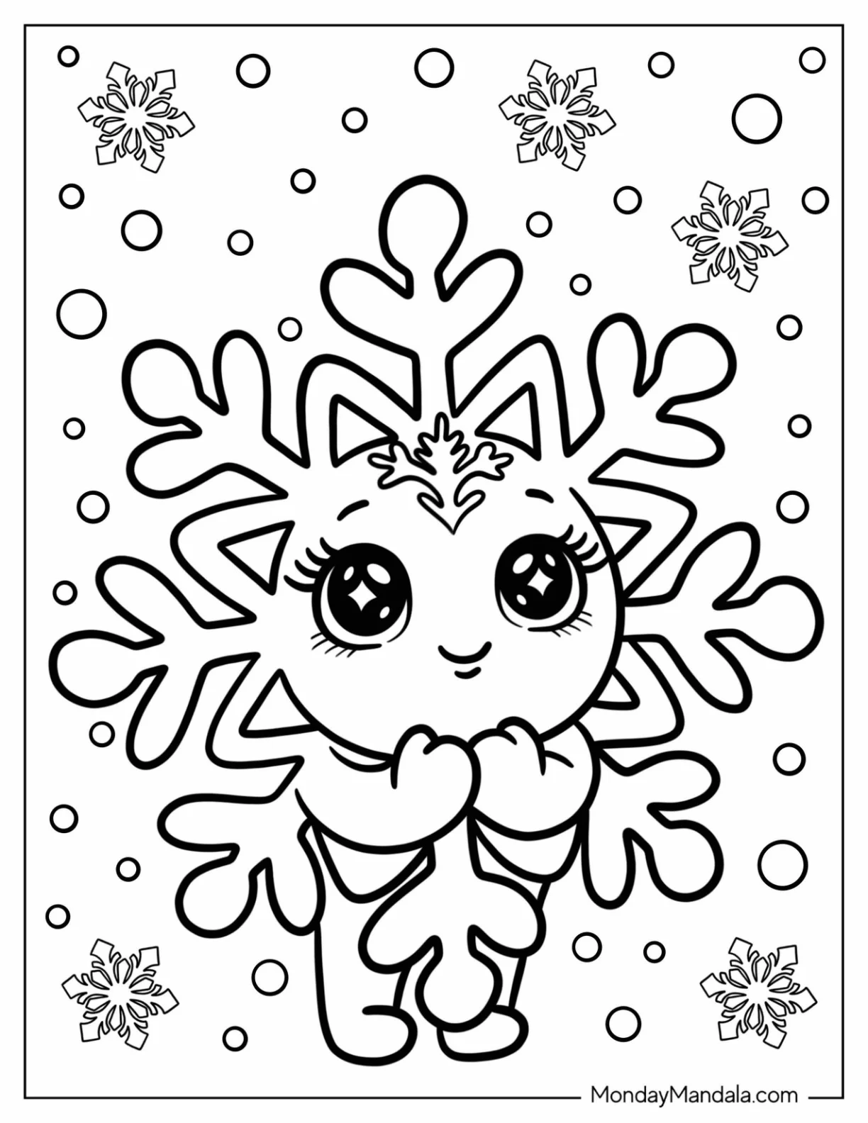 Pretty Cartoon Snowflake Coloring Page with Long Lashes for Kids coloring page — printable line art