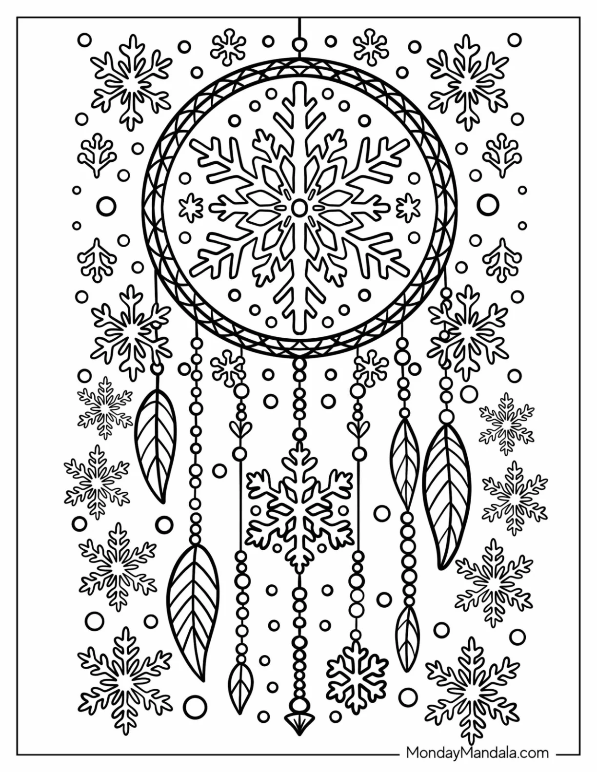 Snowflake Coloring Page Dreamcatcher with Feathers coloring page — printable line art