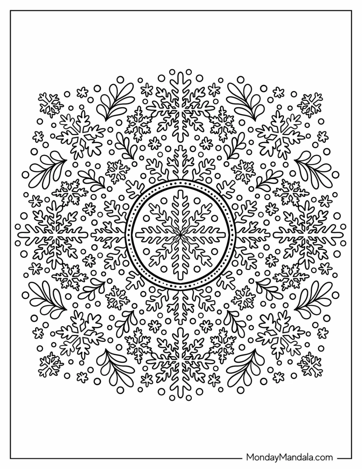 Snowflake Coloring Page Mandala with Leaves coloring page — printable line art