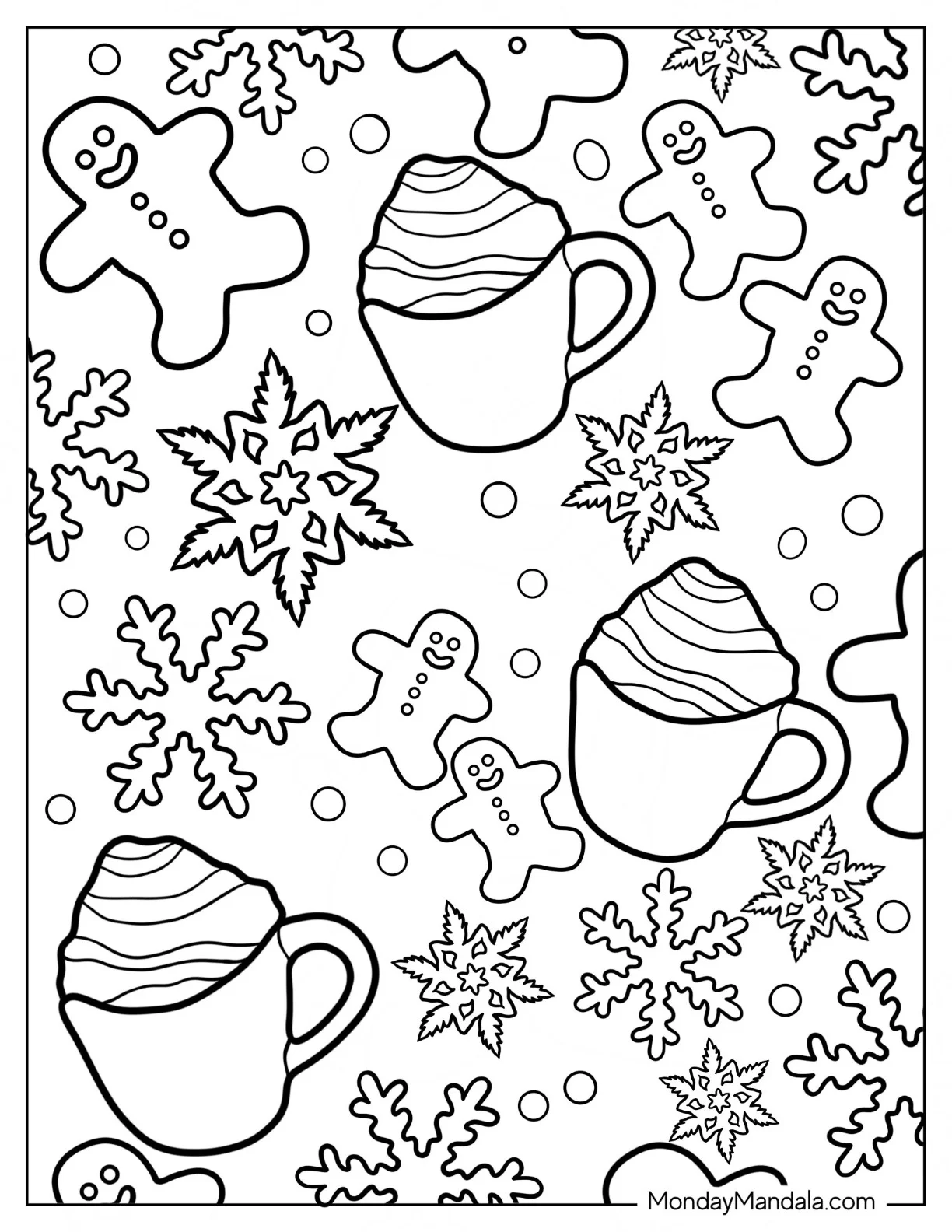 Snowflake Coloring Page With Hot Cocoa And Gingerbread Man coloring page
