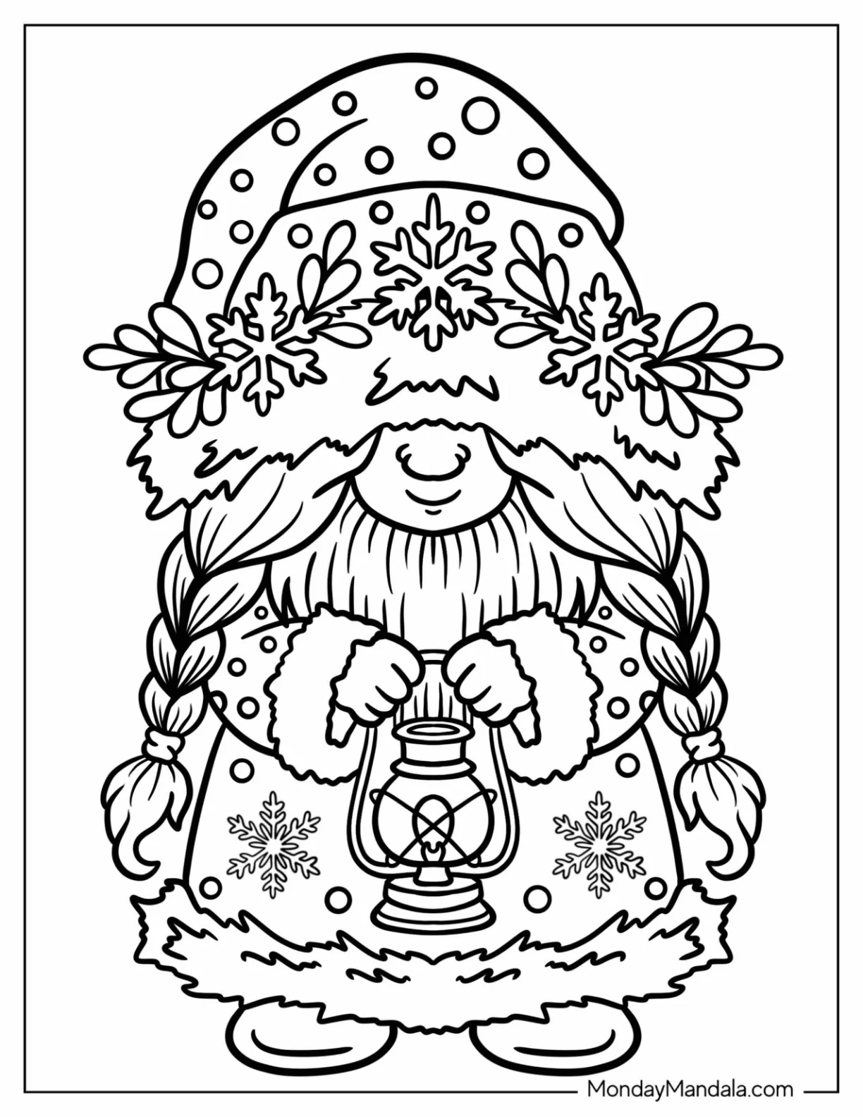 Winter Gnome in Snowflake Coloring Page Robe with Braids and Lantern coloring page