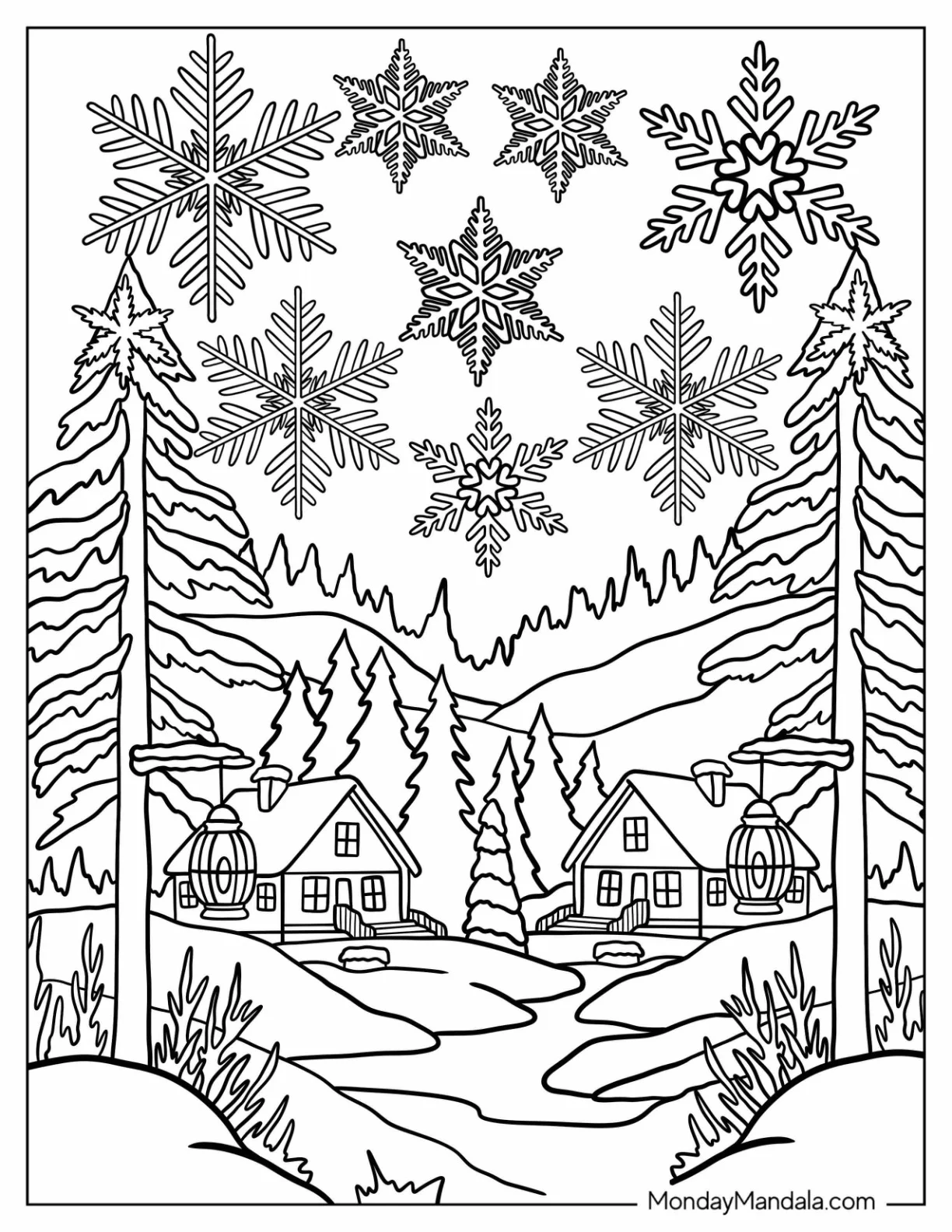 Winter Village in the Woods with Large Snowflake Coloring Page in the Sky coloring page