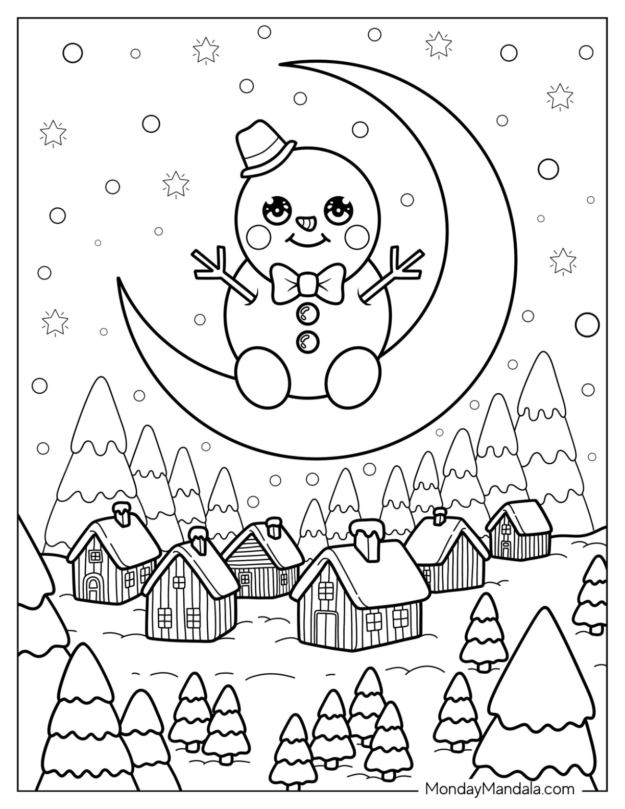 Adorable Snowman Coloring Page Sitting on a Crescent Moon Above a Snowy Village For Kids coloring page