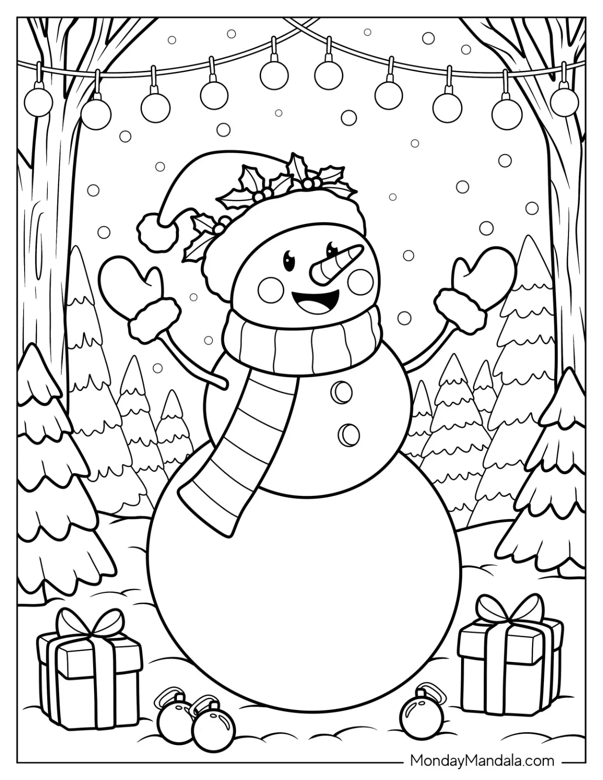 Cheerful Snowman Coloring Page Decorated With Holly and Surrounded by Trees For Kids coloring page