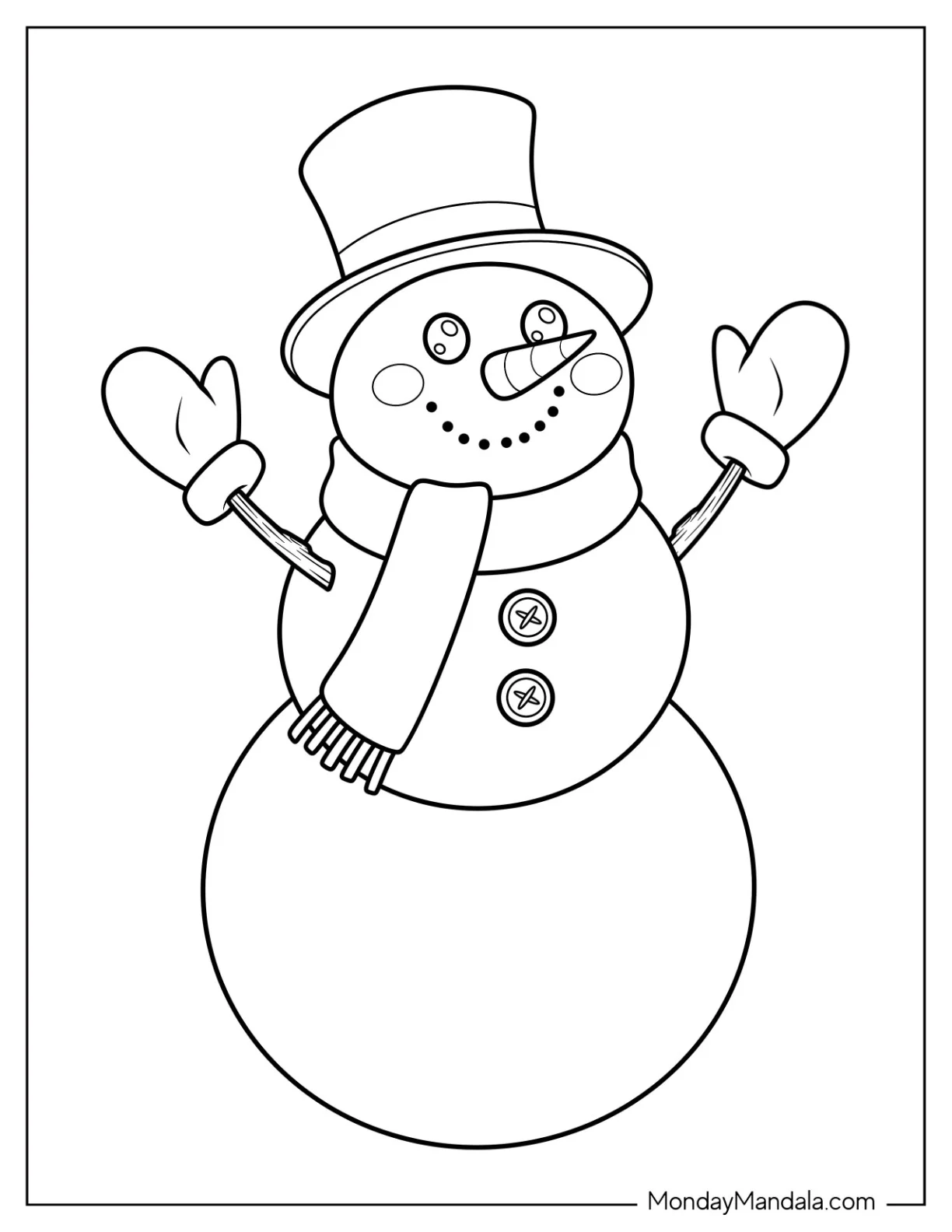 Classic Snowman Coloring Page With a Scarf and Buttons Waving For Kids coloring page