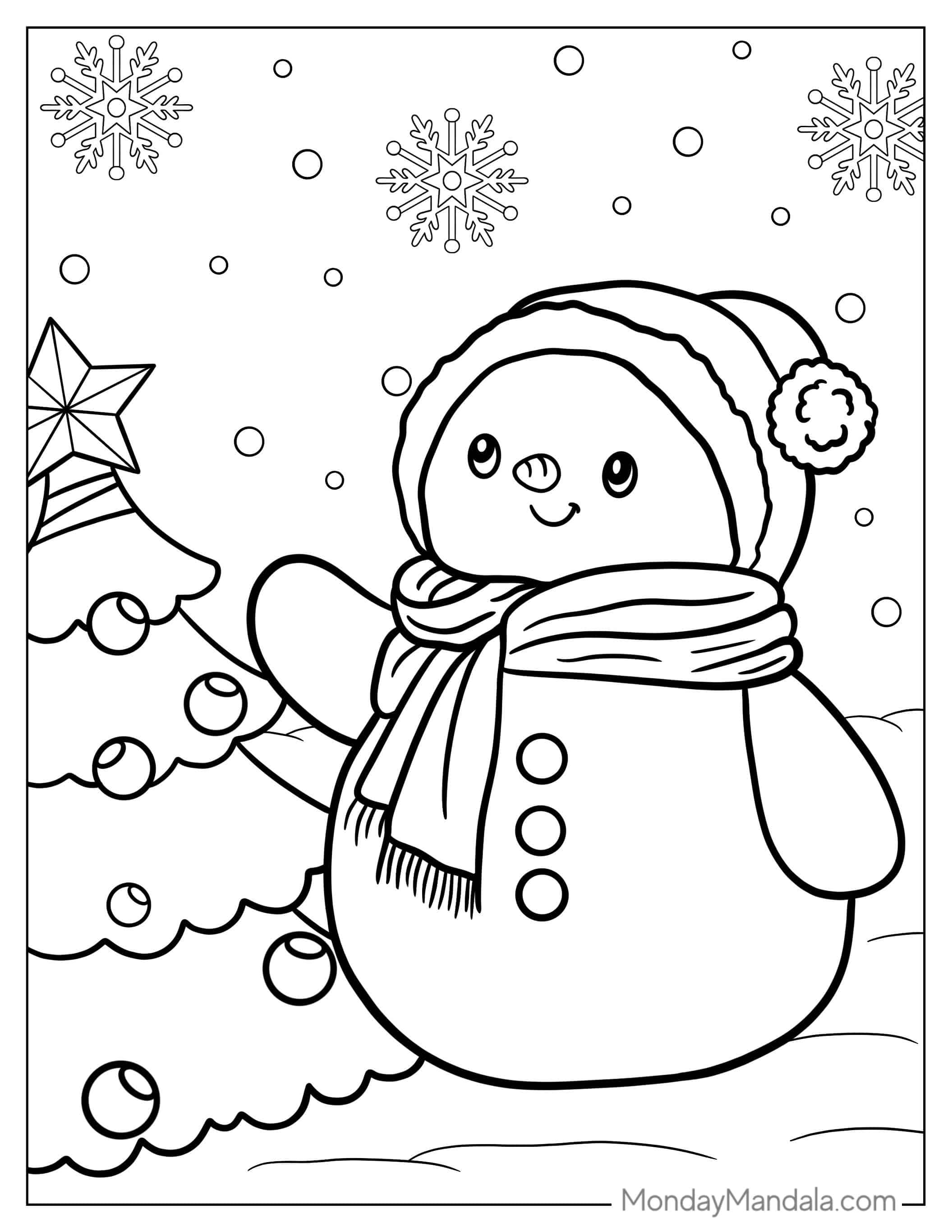 Coloring Page a Snowman Decorating a Christmas Tree coloring page