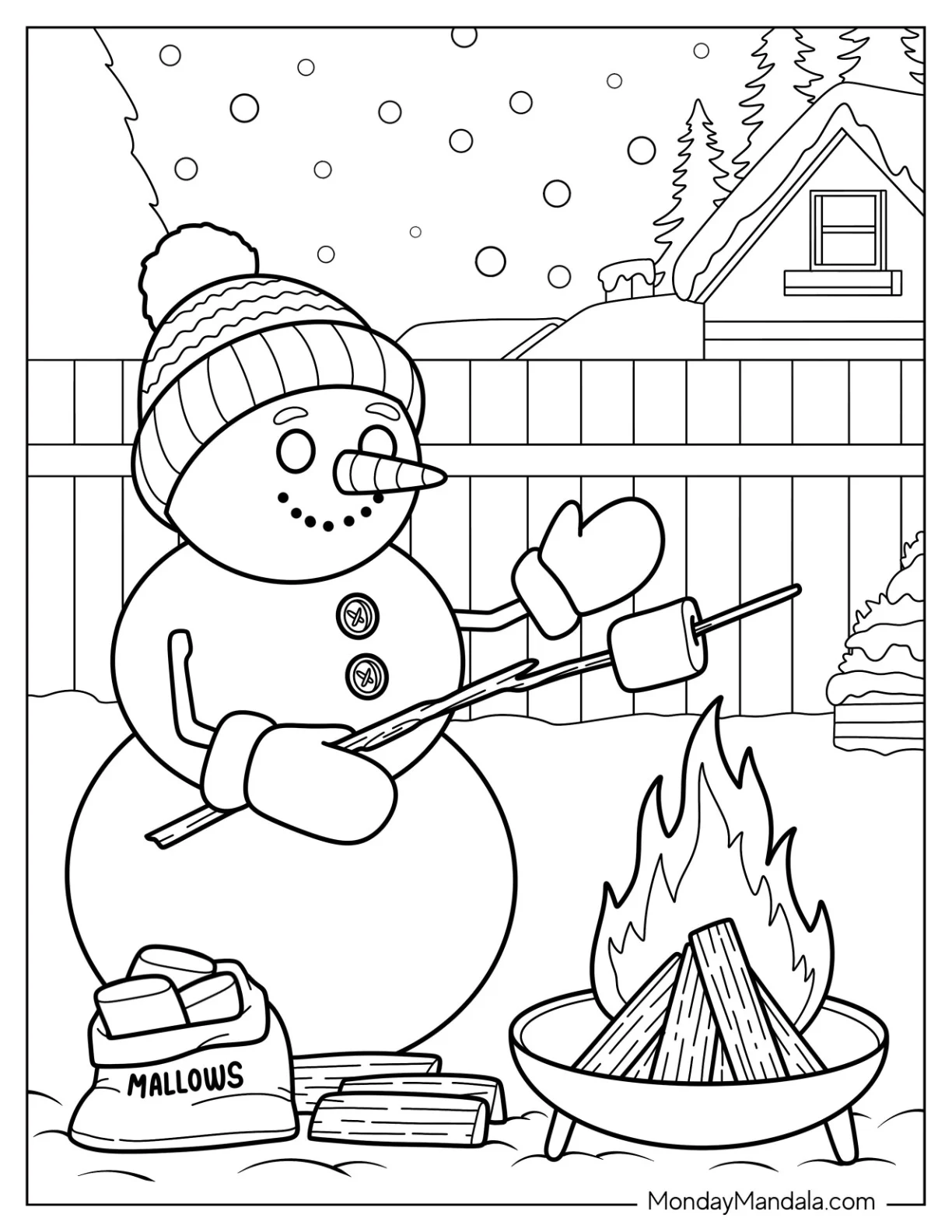 Cozy Snowman Coloring Page Making S’mores by the Fire Pit coloring page — printable line art