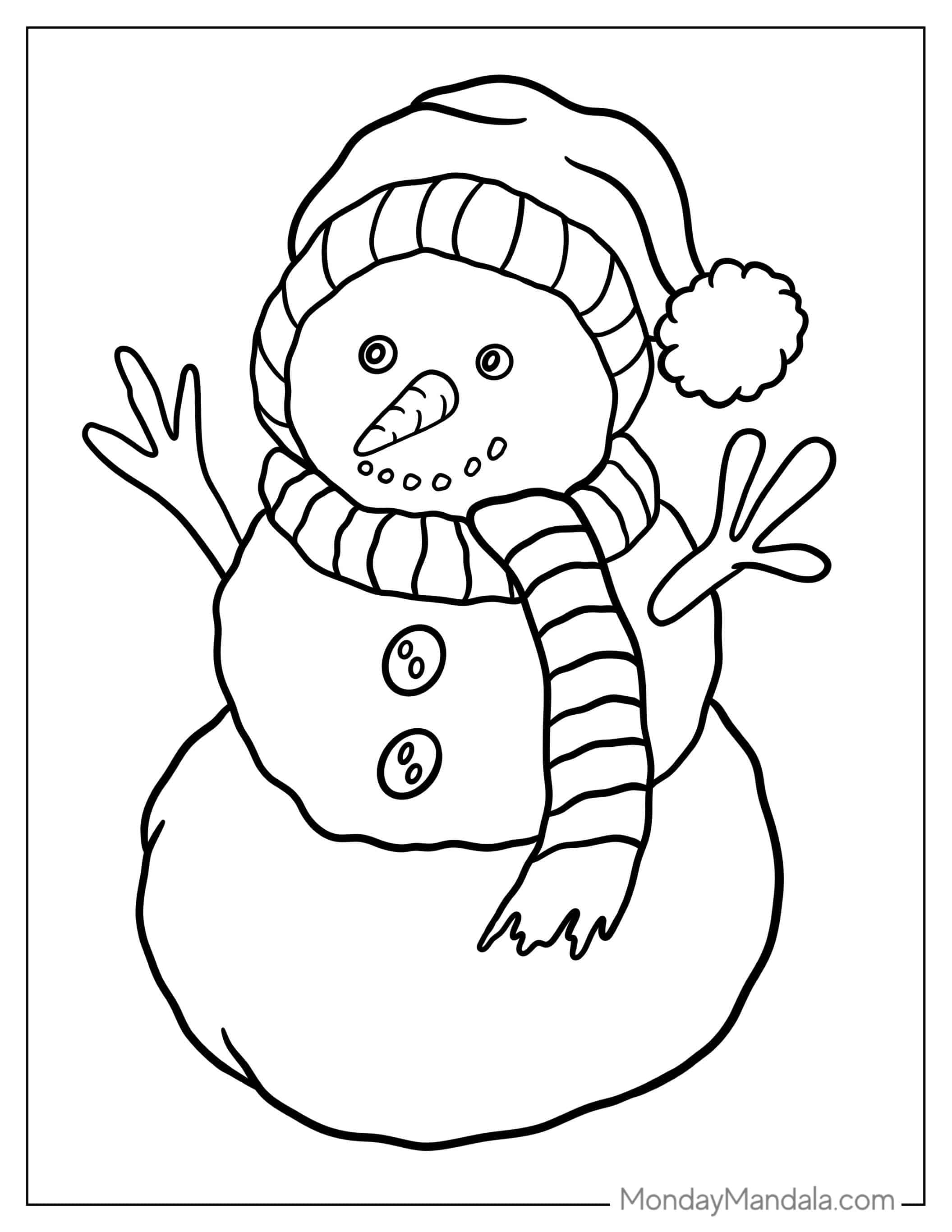 Easy Outline Of a Snowman With Carrot Nose And Stick Hands coloring page