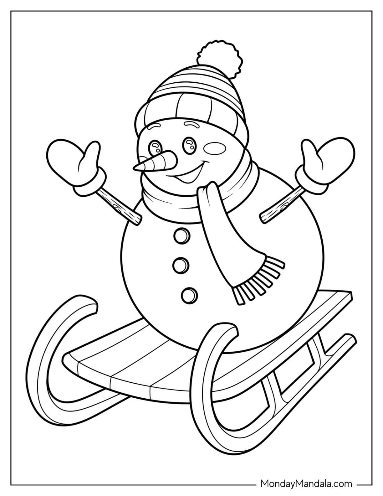 Easy Snowman Coloring Page Riding a Sled With Scarf and Hat For Kids coloring page — printable line art