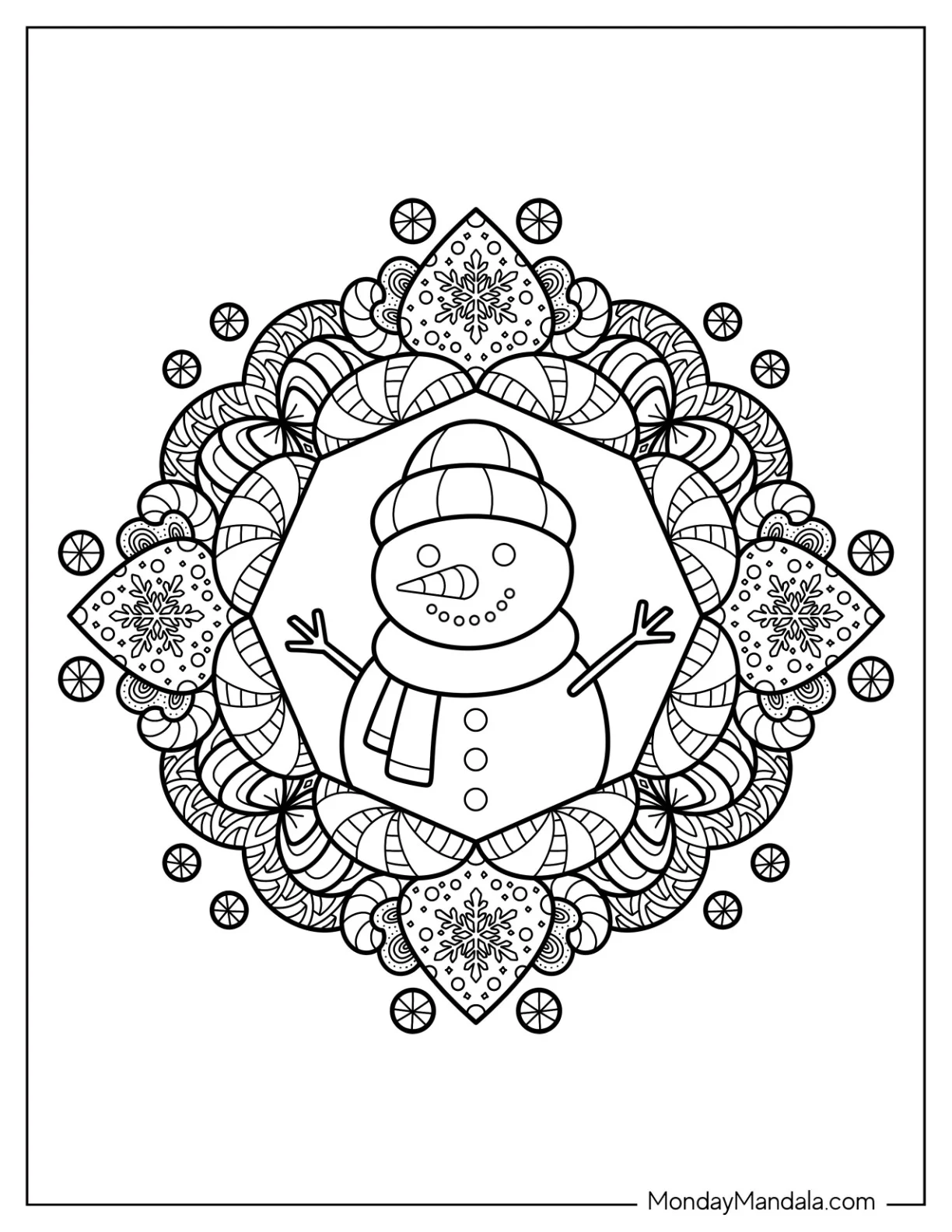 Festive Mandala Featuring Snowman Coloring Page, Snowflakes, and Candy Patterns coloring page — printable line art