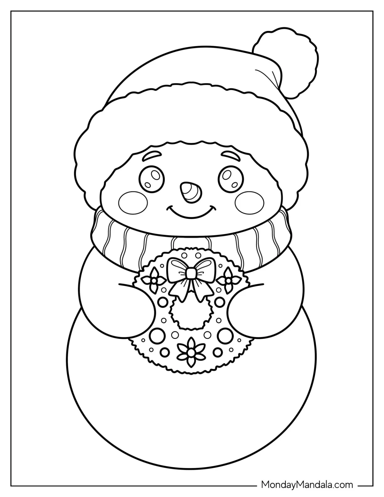 Friendly Snowman Coloring Page Holding a Holiday Wreath With Bow For Preschoolers coloring page