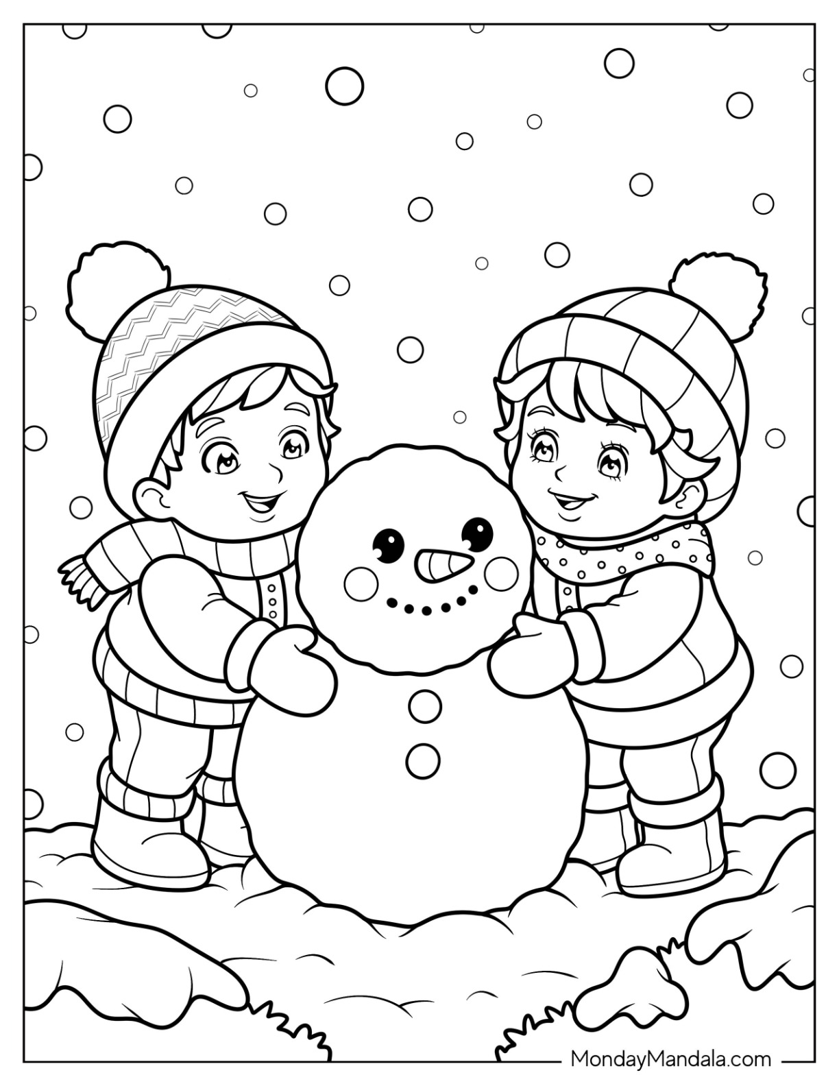 Happy Children in Hats Making a Snowman Coloring Page Together coloring page