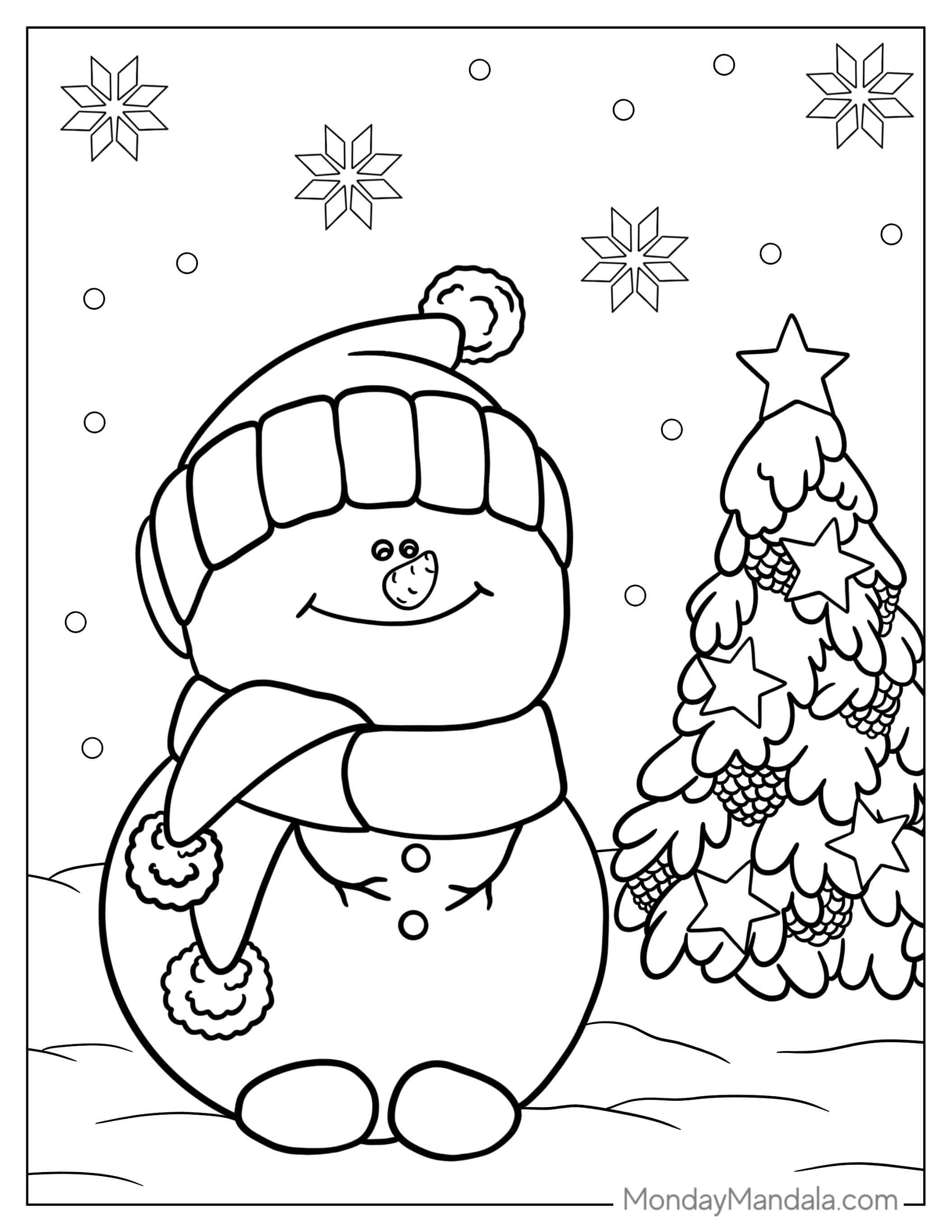 Happy Snowman Sitting Next To Christmas Tree coloring page — printable line art