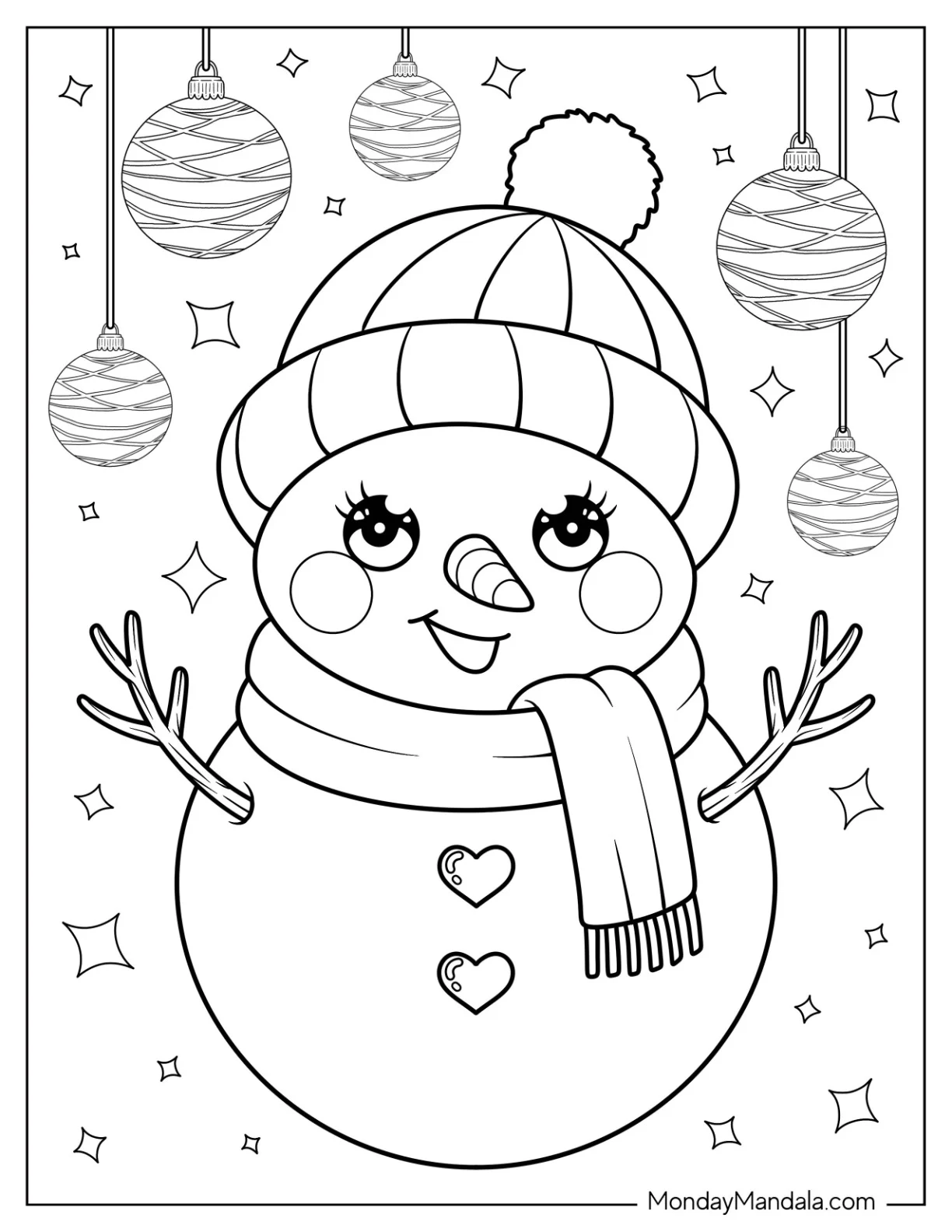 Kawaii Snowman Coloring Page With Heart Buttons and Hanging Ornaments For Kids coloring page