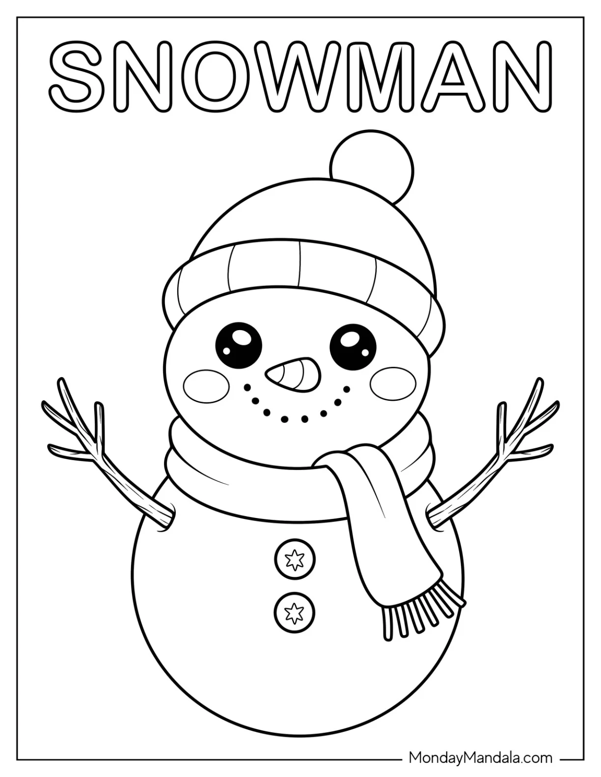 Kawaii Snowman Coloring Page With Scarf and Beanie Standing in the Snow For Preschoolers coloring page — printable line art