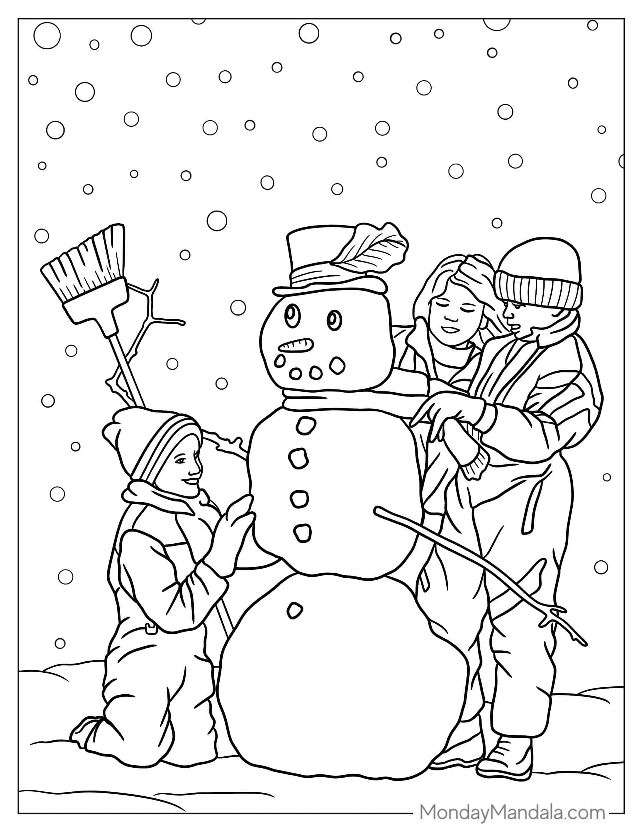 Kids Decorating a Snowman To Color coloring page — printable line art