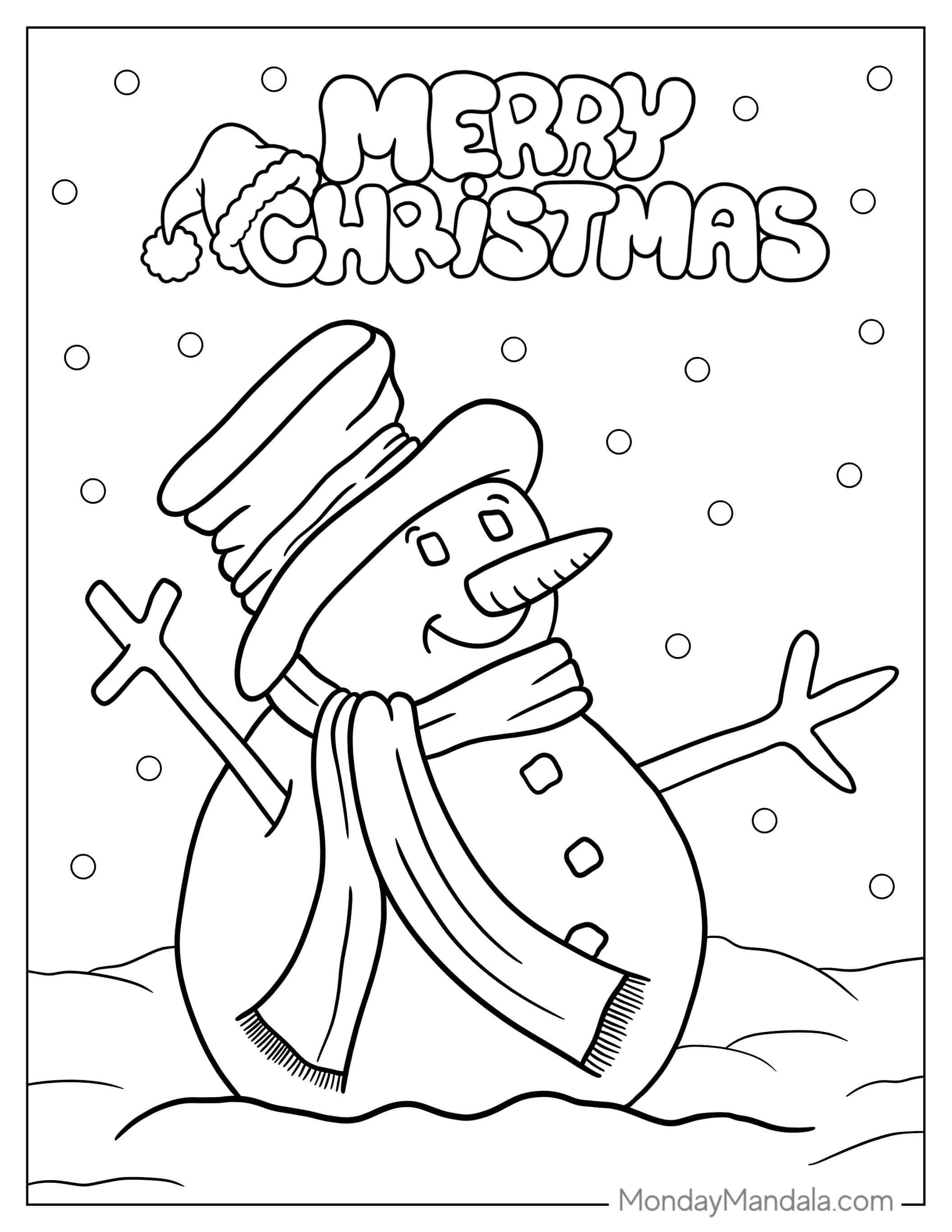 Merry Christmas Snowman Coloring Sheet For Kids coloring page — printable line art