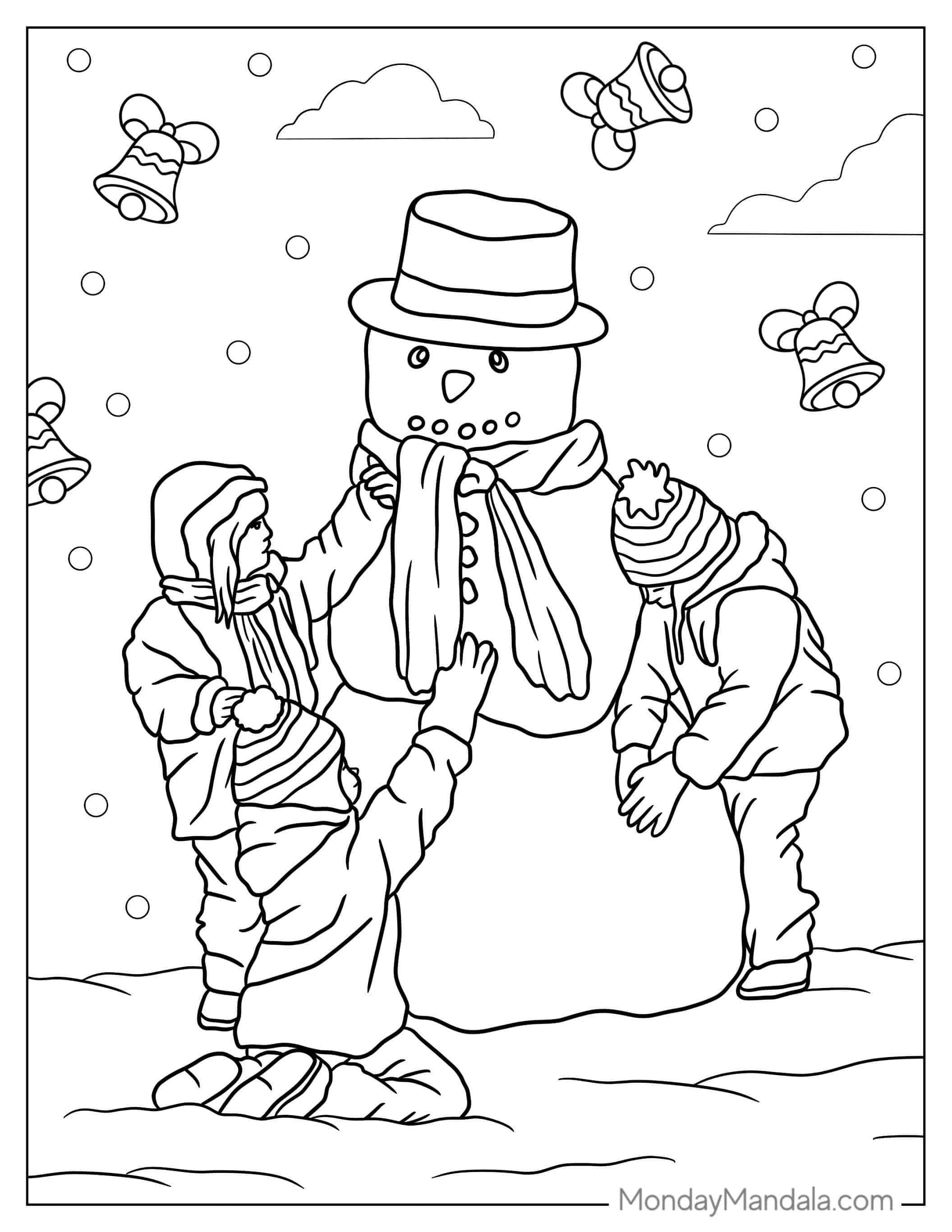 Realistic Looking Snowman Being Made By Kids coloring page — printable line art