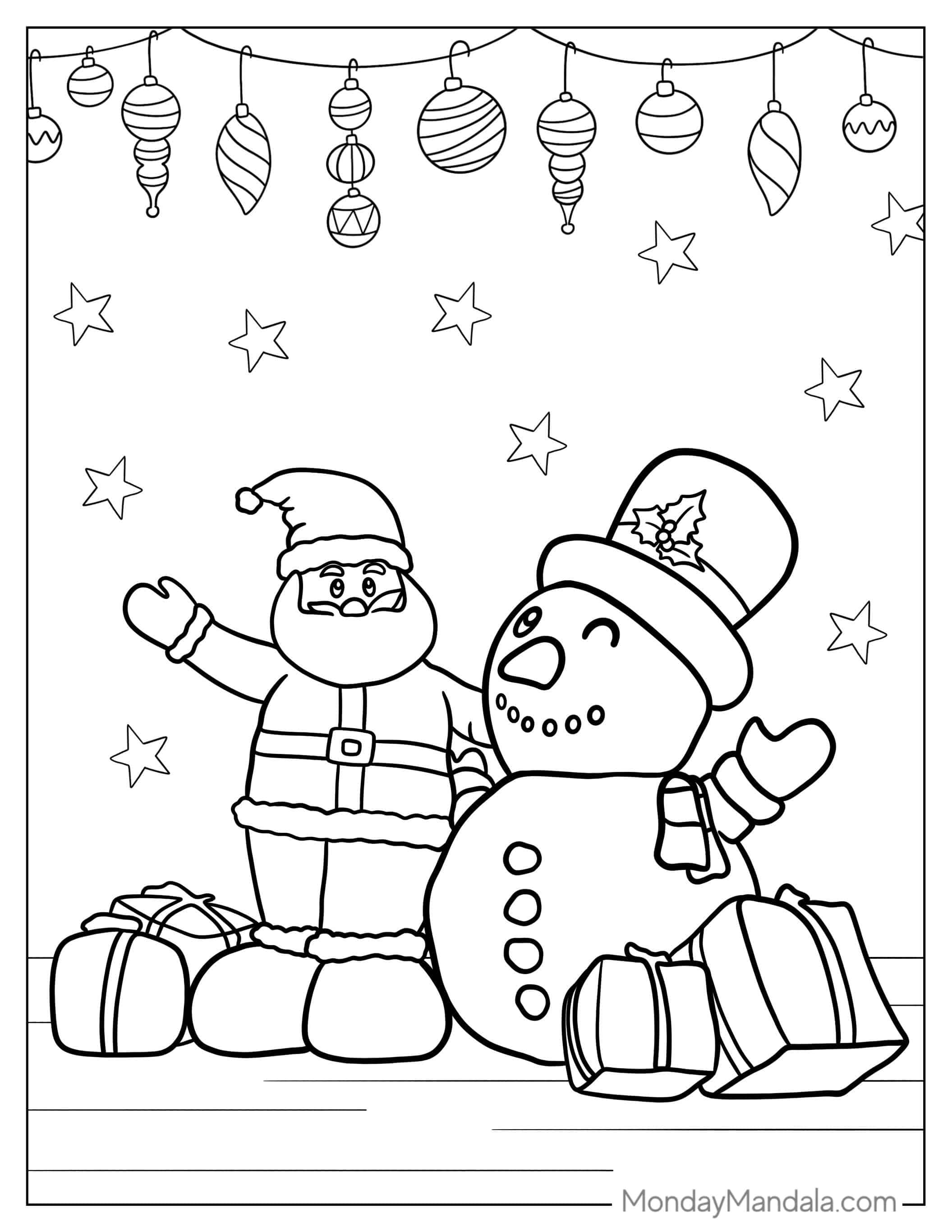 Santa And Snowman To Color With Ornaments And Presents coloring page