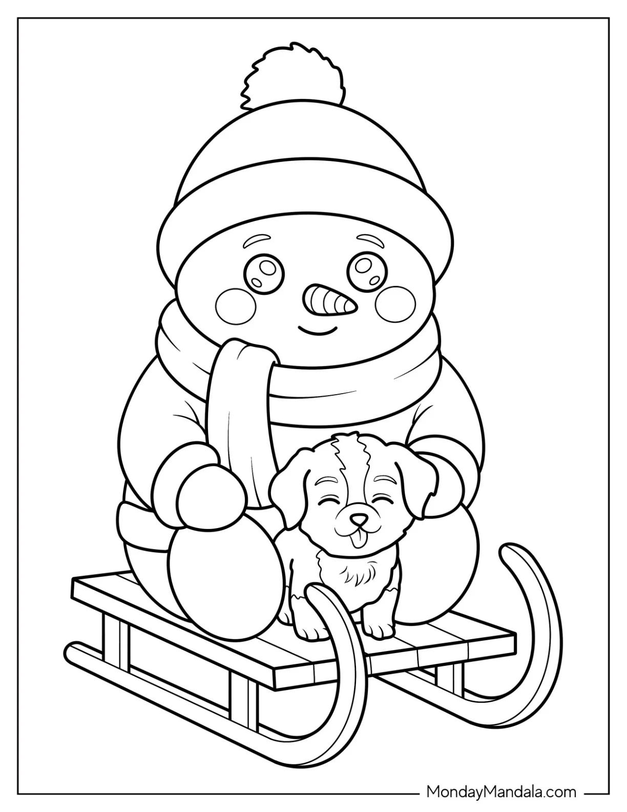 Simple Snowman Coloring Page and Dog Snuggling on a Wooden Sled For Preschoolers coloring page — printable line art