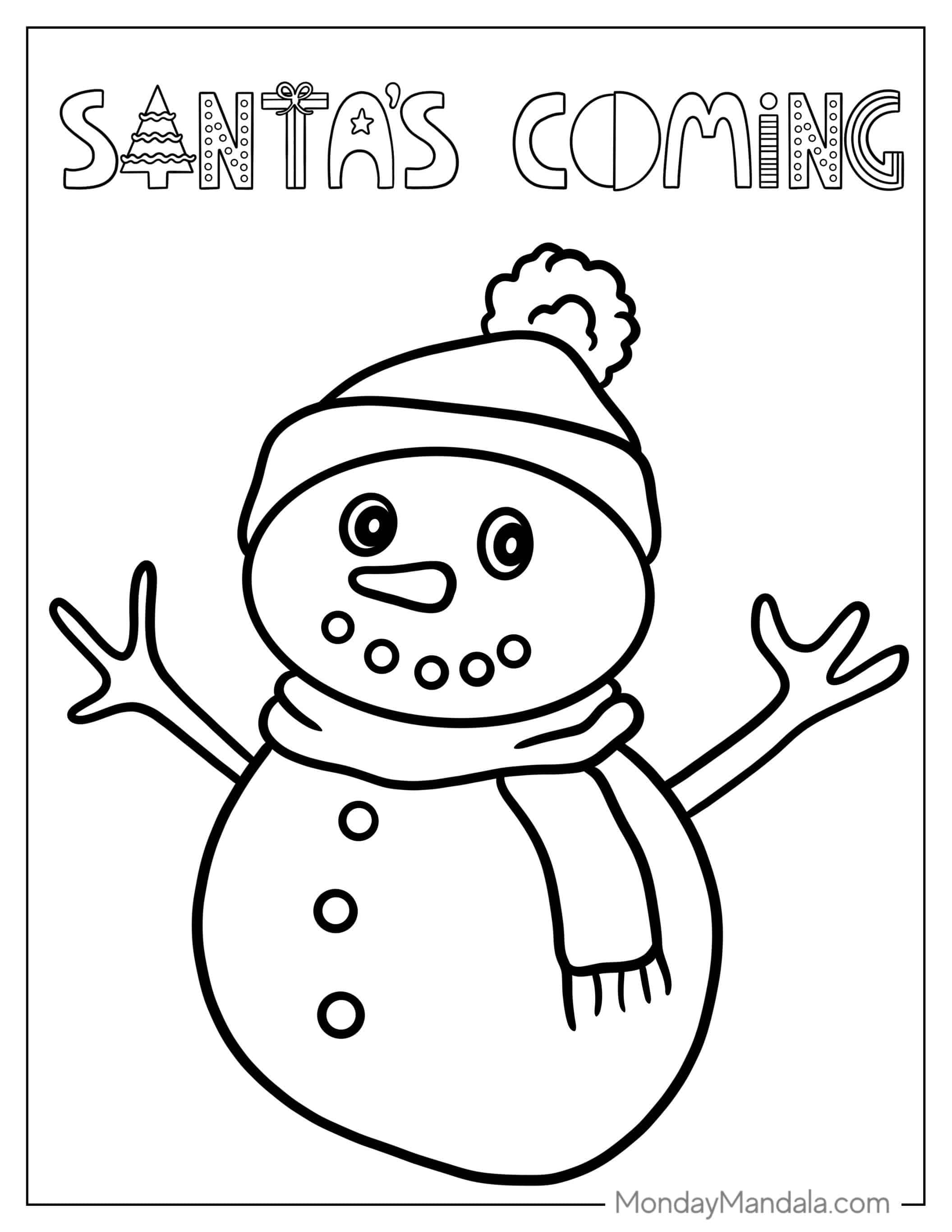 Simple To Color Snowman With Santas Coming coloring page — printable line art