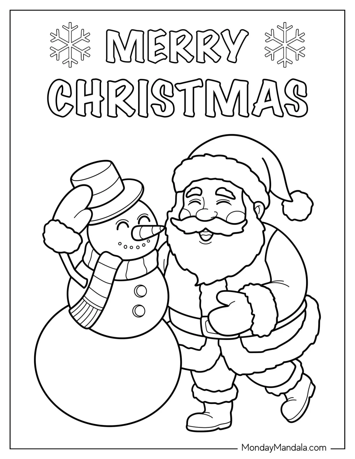 Smiling Santa With a Snowman Coloring Page Under Christmas Greeting coloring page — printable line art