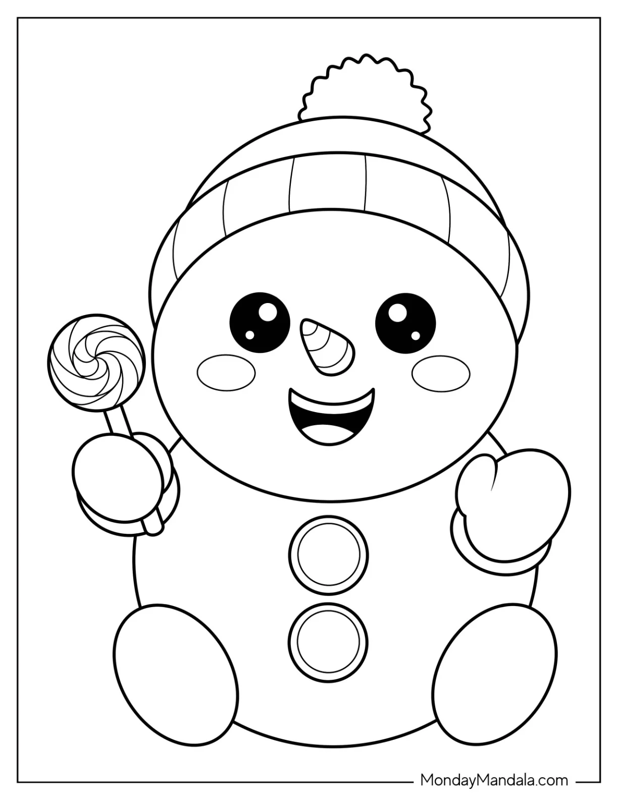 Smiling Snowman Coloring Page Holding a Lollipop and Wearing a Winter Hat for Preschoolers coloring page