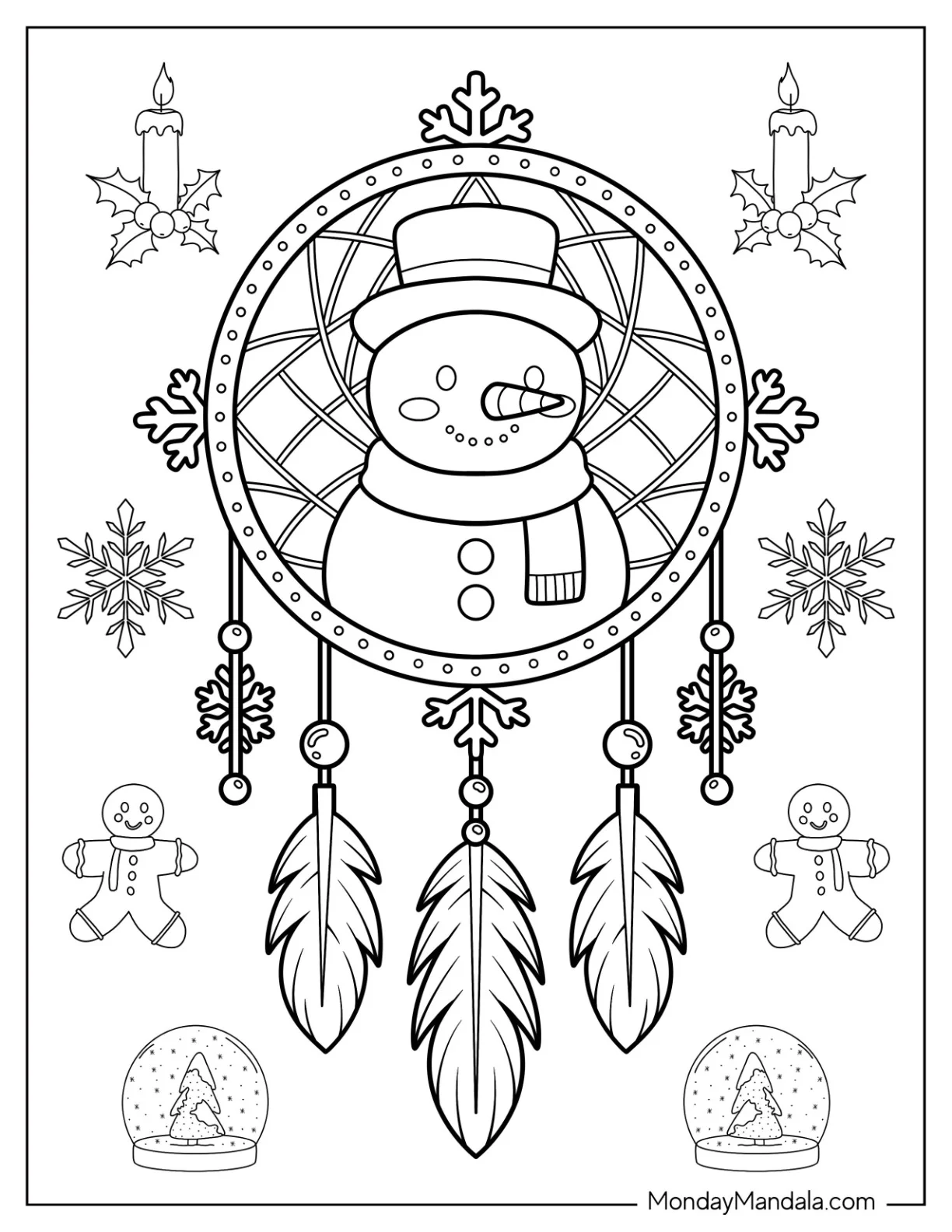 Snowman Coloring Page Dreamcatcher With Feathers and Snowflakes coloring page