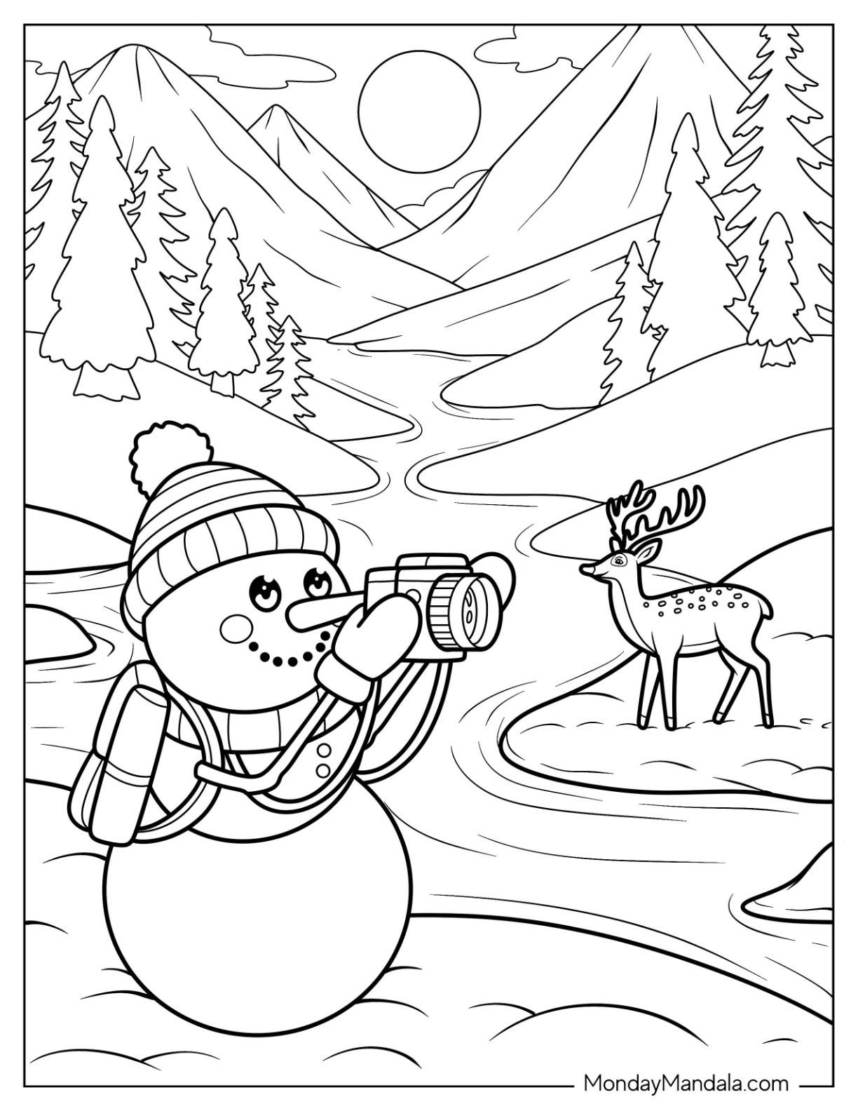 Snowman Coloring Page Exploring Nature and Photographing Wildlife coloring page — printable line art