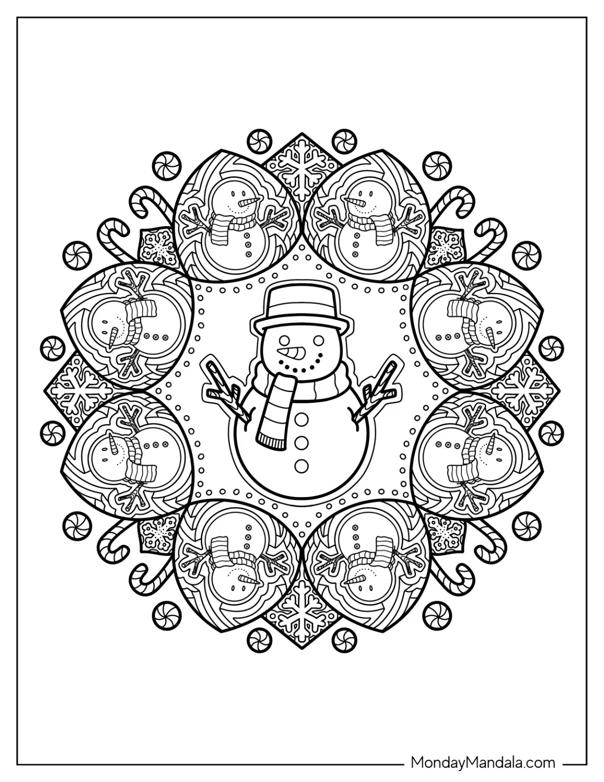 Snowman Coloring Page Mandala With Candy Canes and Peppermints for Adults coloring page — printable line art