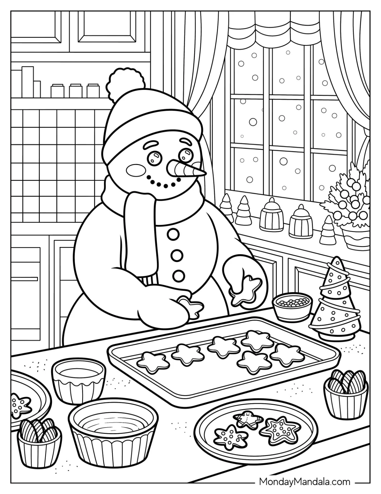 Snowman Coloring Page of Baking Star Cookies in a Cozy Kitchen coloring page