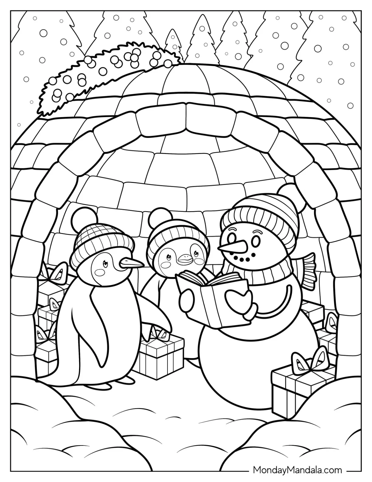 Snowman Coloring Page Reading Book to Penguins Inside an Igloo coloring page — printable line art