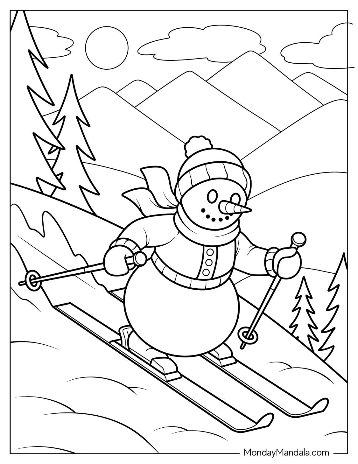 Snowman Coloring Page Skiing Down a Mountain Slope coloring page — printable line art