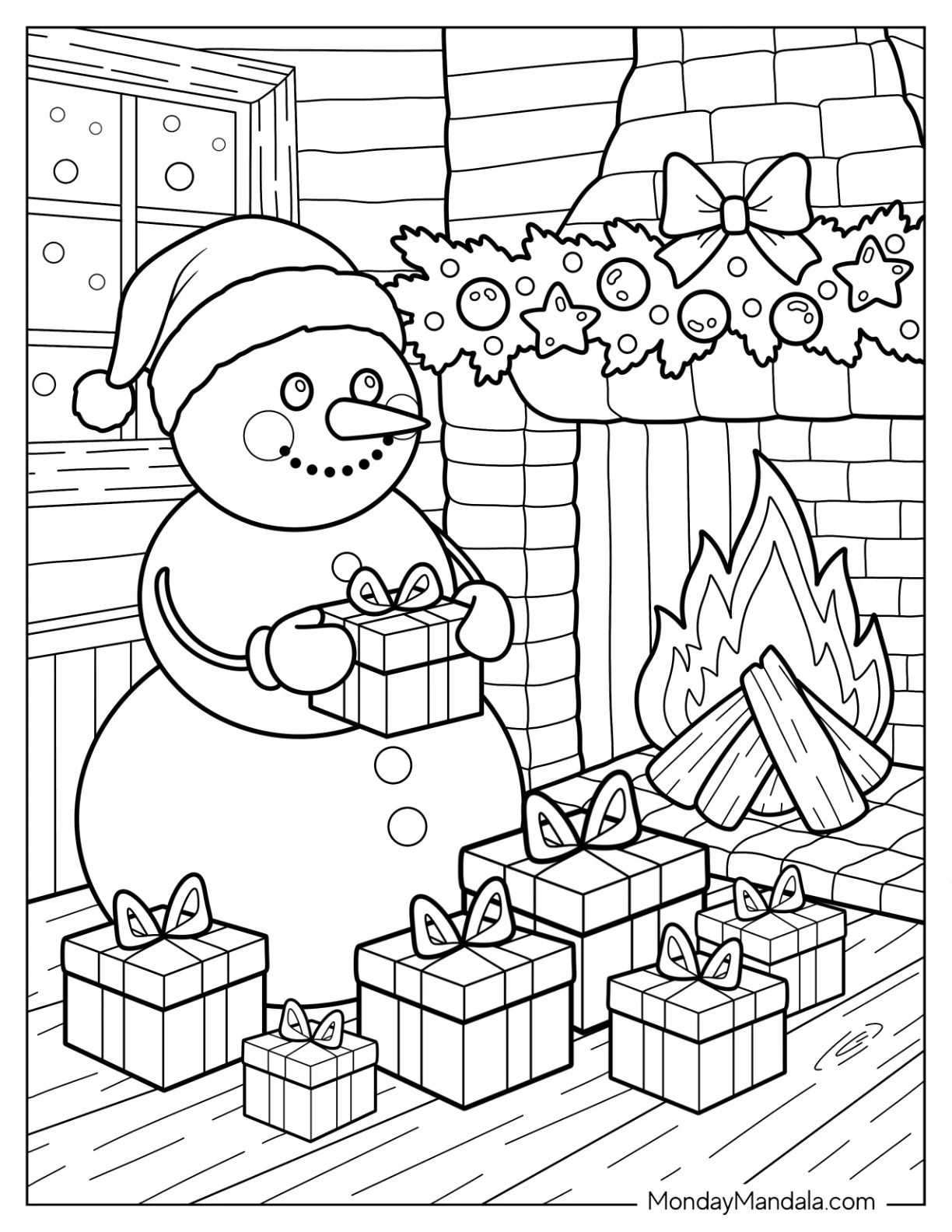 Snowman Coloring Page With Christmas Presents by the Fireplace coloring page — printable line art